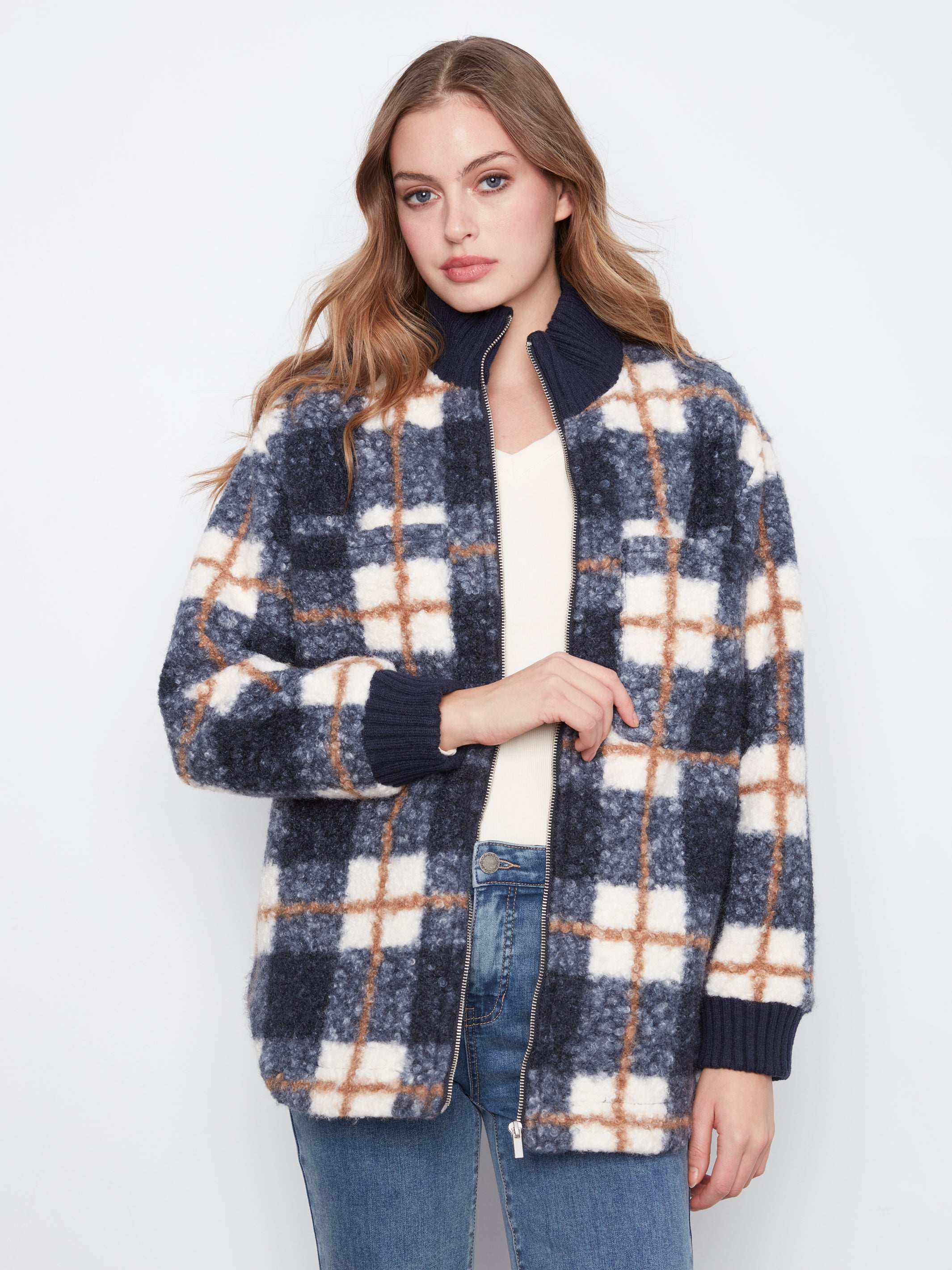 Charlie B Plaid Bouclé Zip Up Jacket - Style C6437P-707A