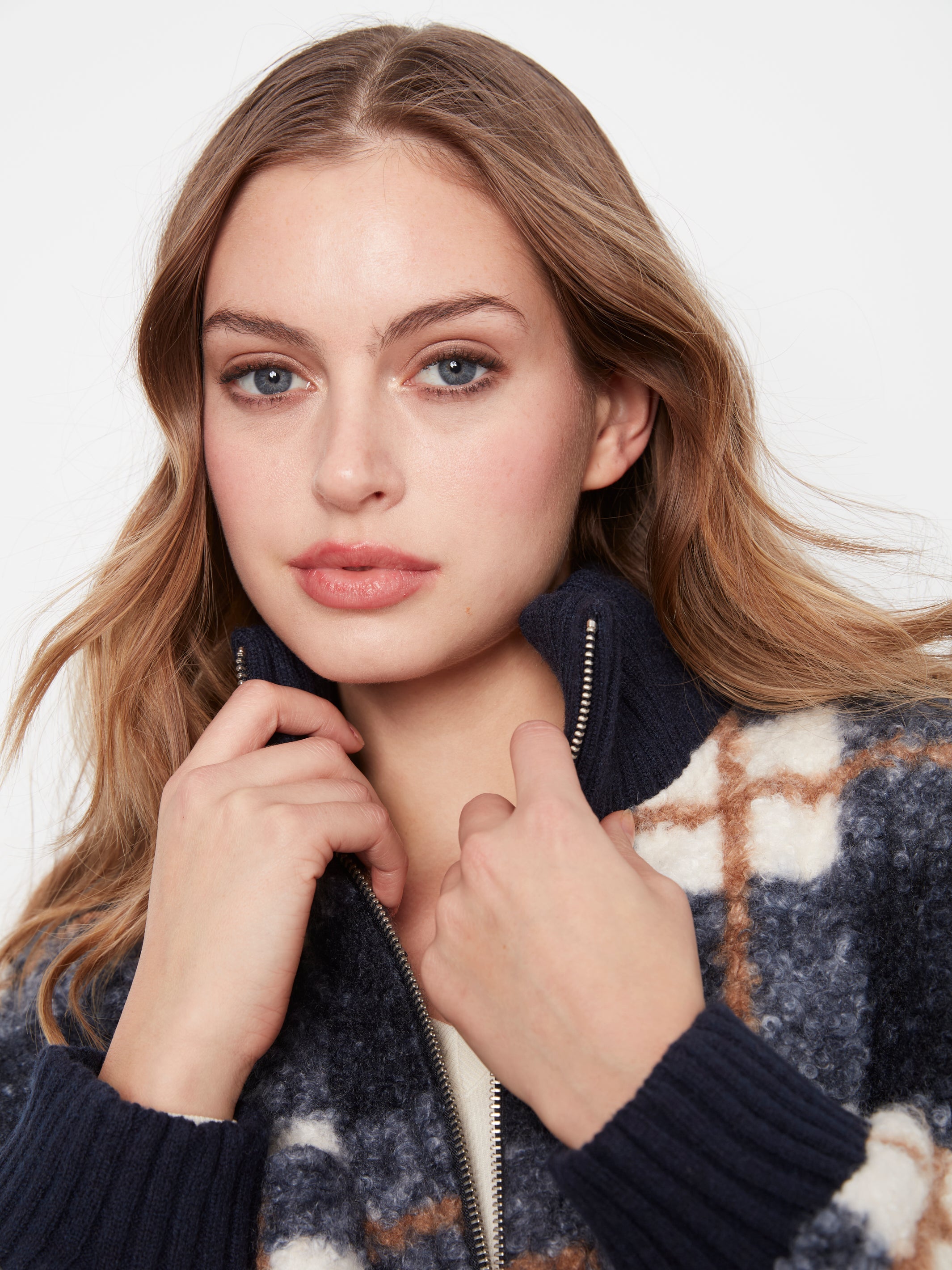 Plaid Bouclé Zip Up Jacket
