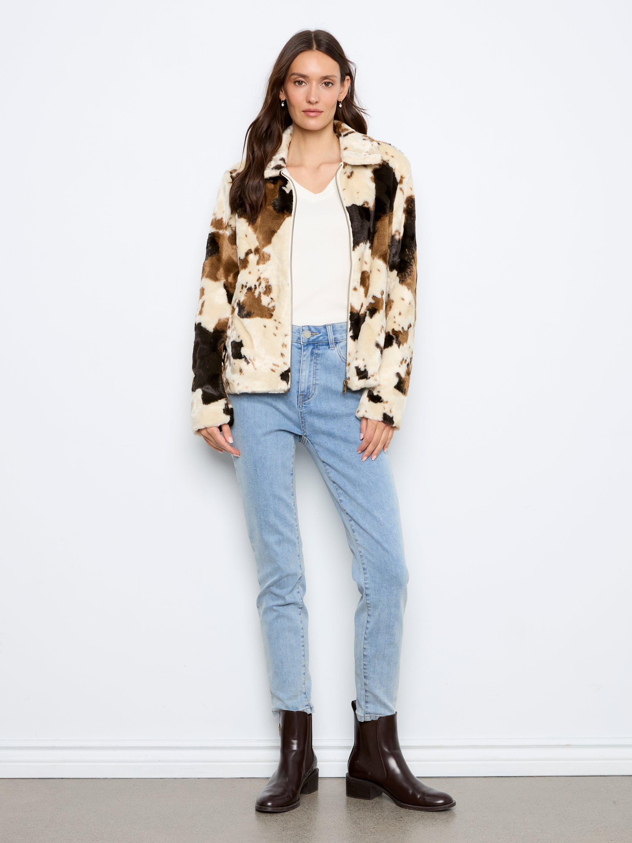 Charlie B Long Sleeve Fur Jacket In Cow Pattern - Style C6441-788C