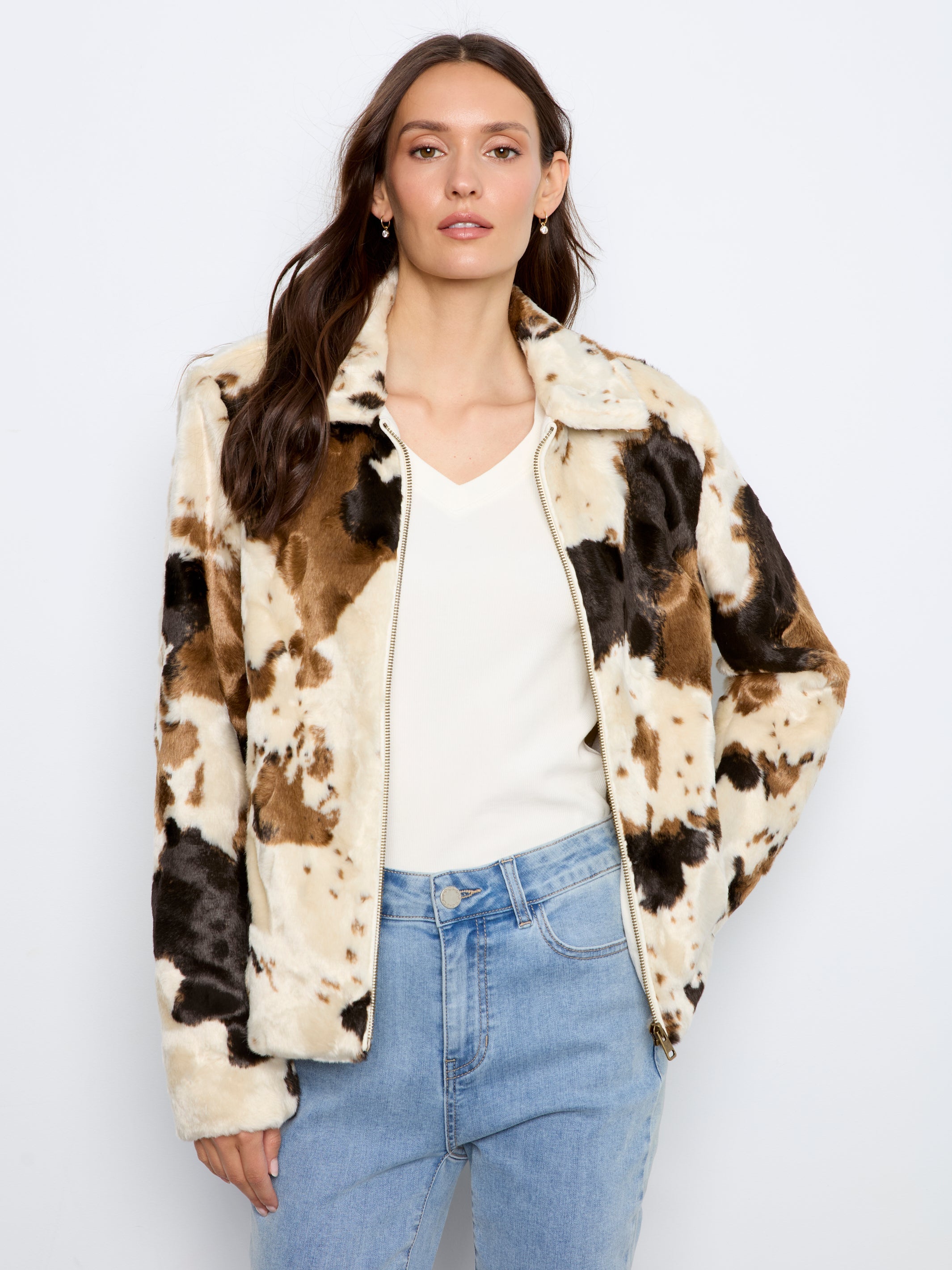 Charlie B Long Sleeve Fur Jacket In Cow Pattern - Style C6441-788C