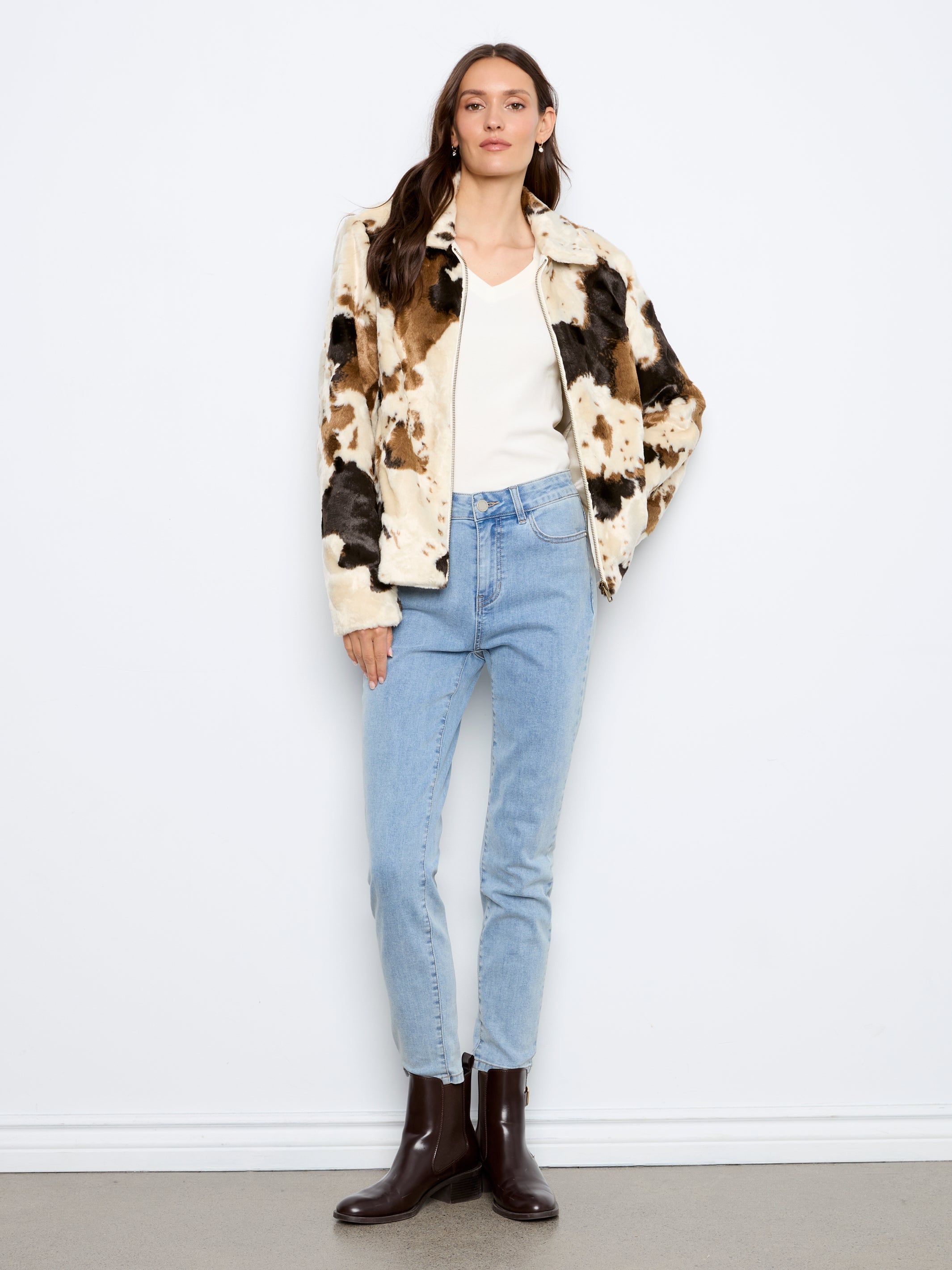 Charlie B Long Sleeve Fur Jacket In Cow Pattern - Style C6441-788C