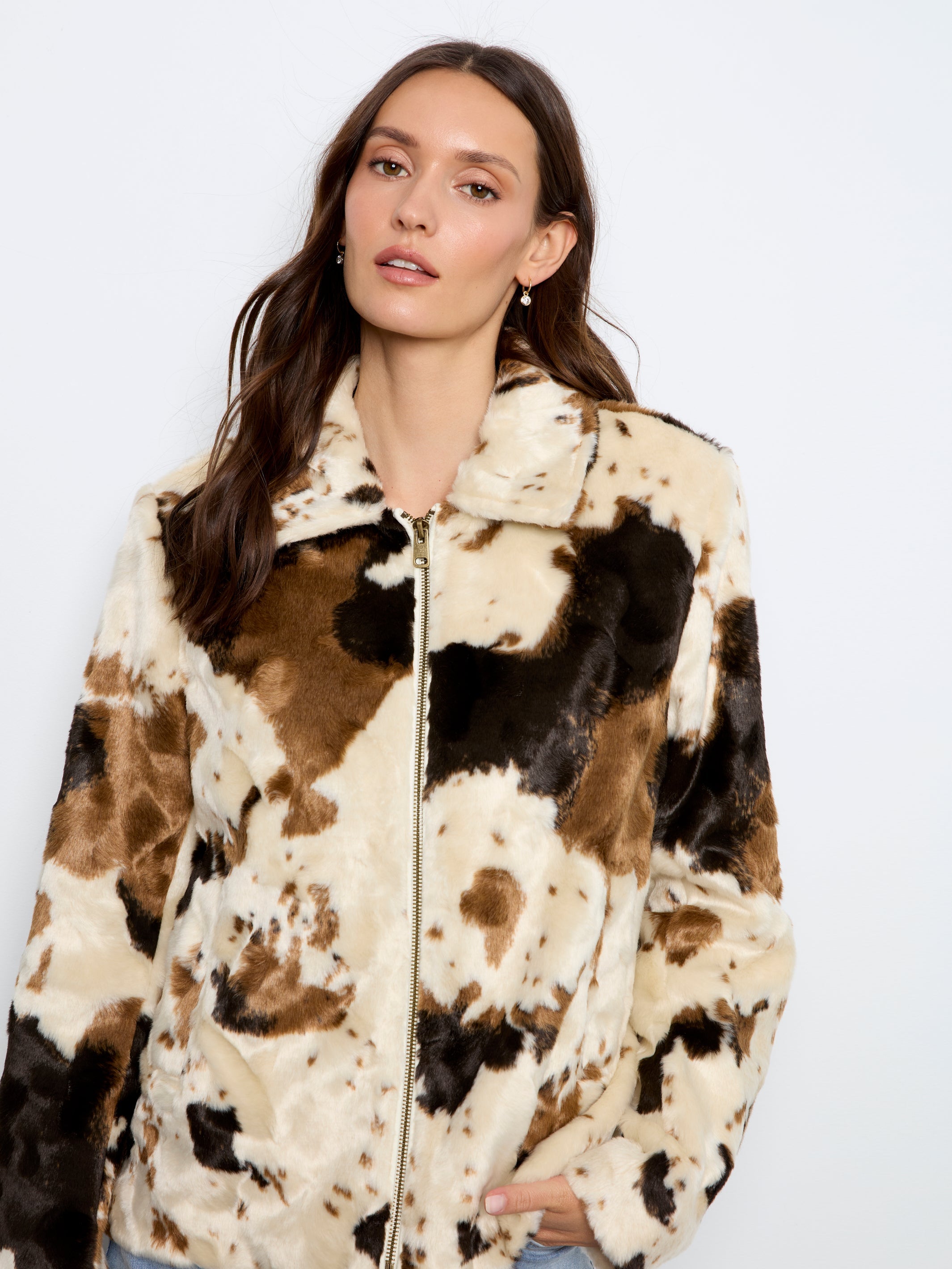 Charlie B Long Sleeve Fur Jacket In Cow Pattern - Style C6441-788C