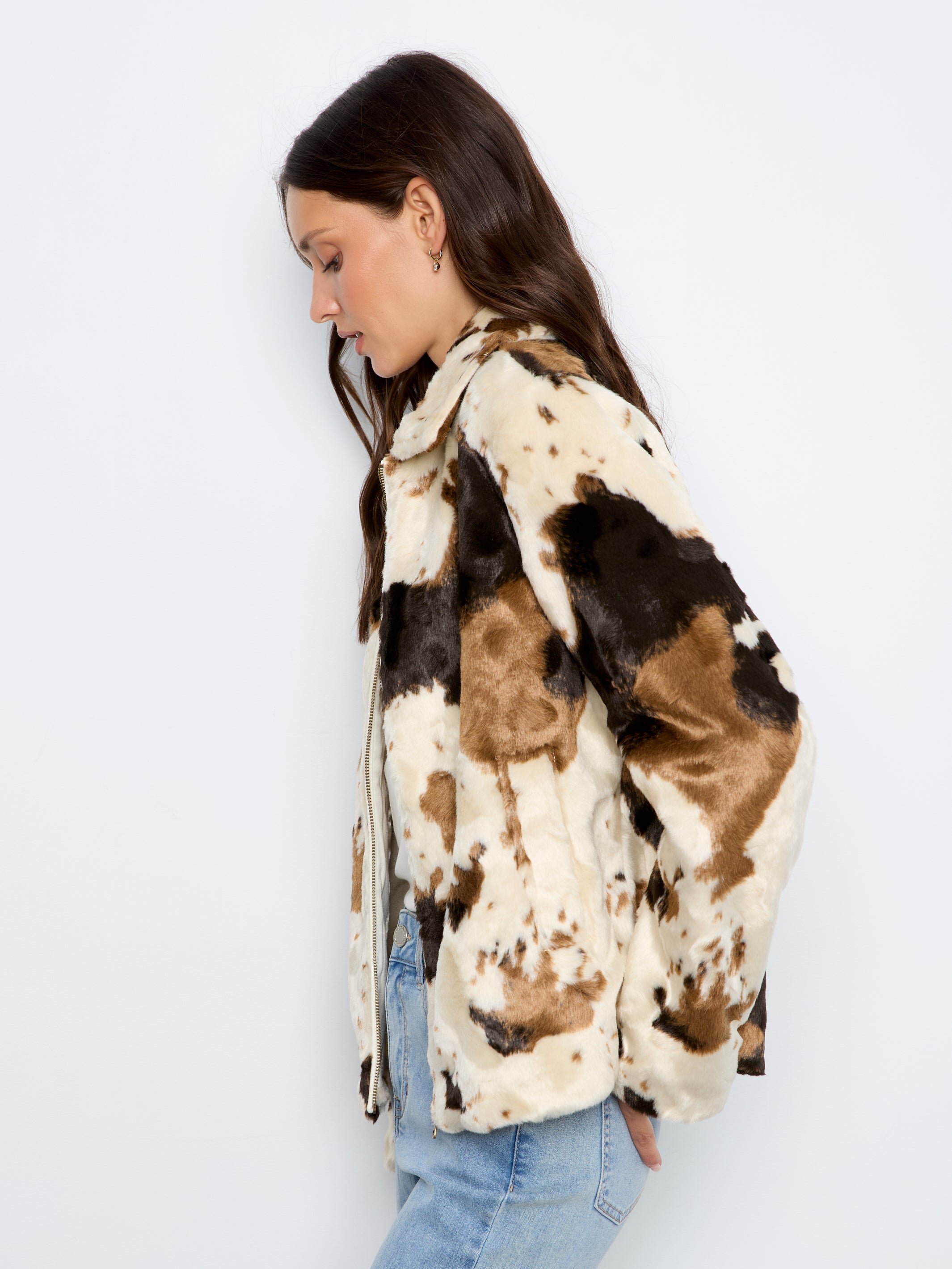 Charlie B Long Sleeve Fur Jacket In Cow Pattern - Style C6441-788C