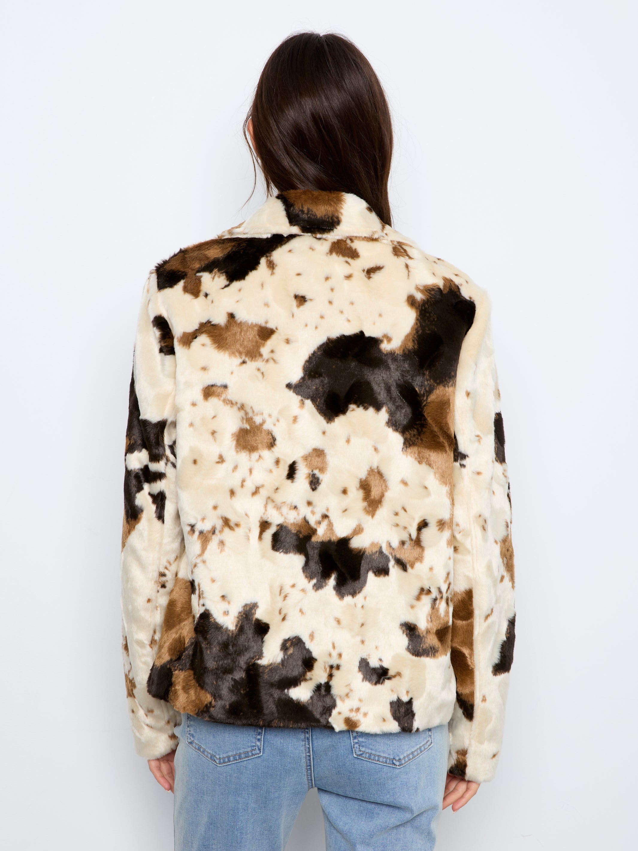 Charlie B Long Sleeve Fur Jacket In Cow Pattern - Style C6441-788C