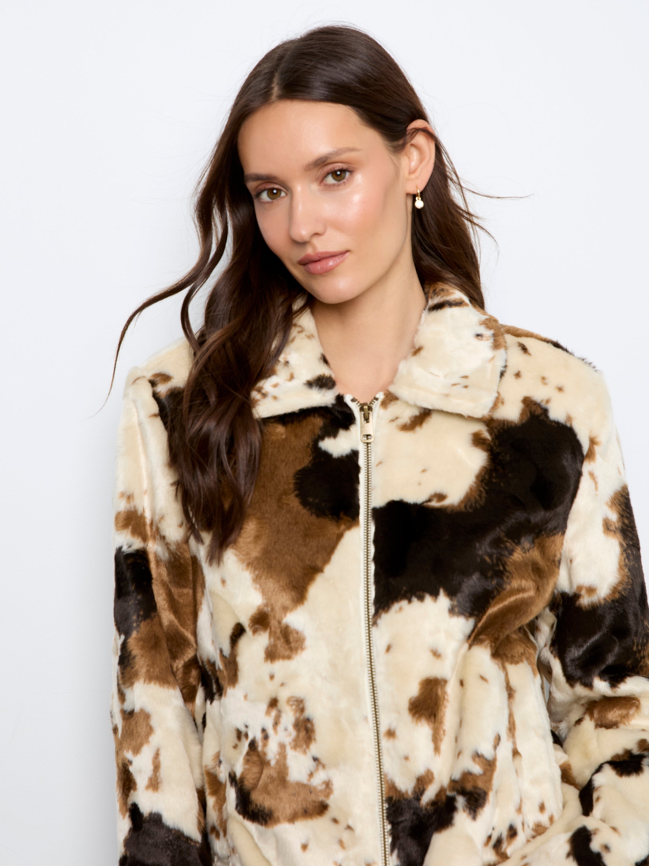 Charlie B Long Sleeve Fur Jacket In Cow Pattern - Style C6441-788C