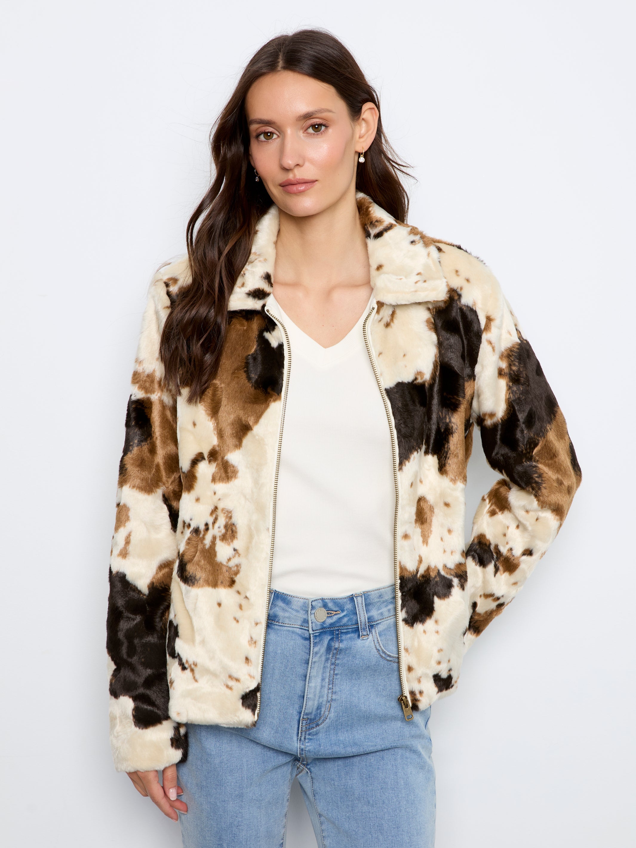 Charlie B Long Sleeve Fur Jacket In Cow Pattern - Style C6441-788C