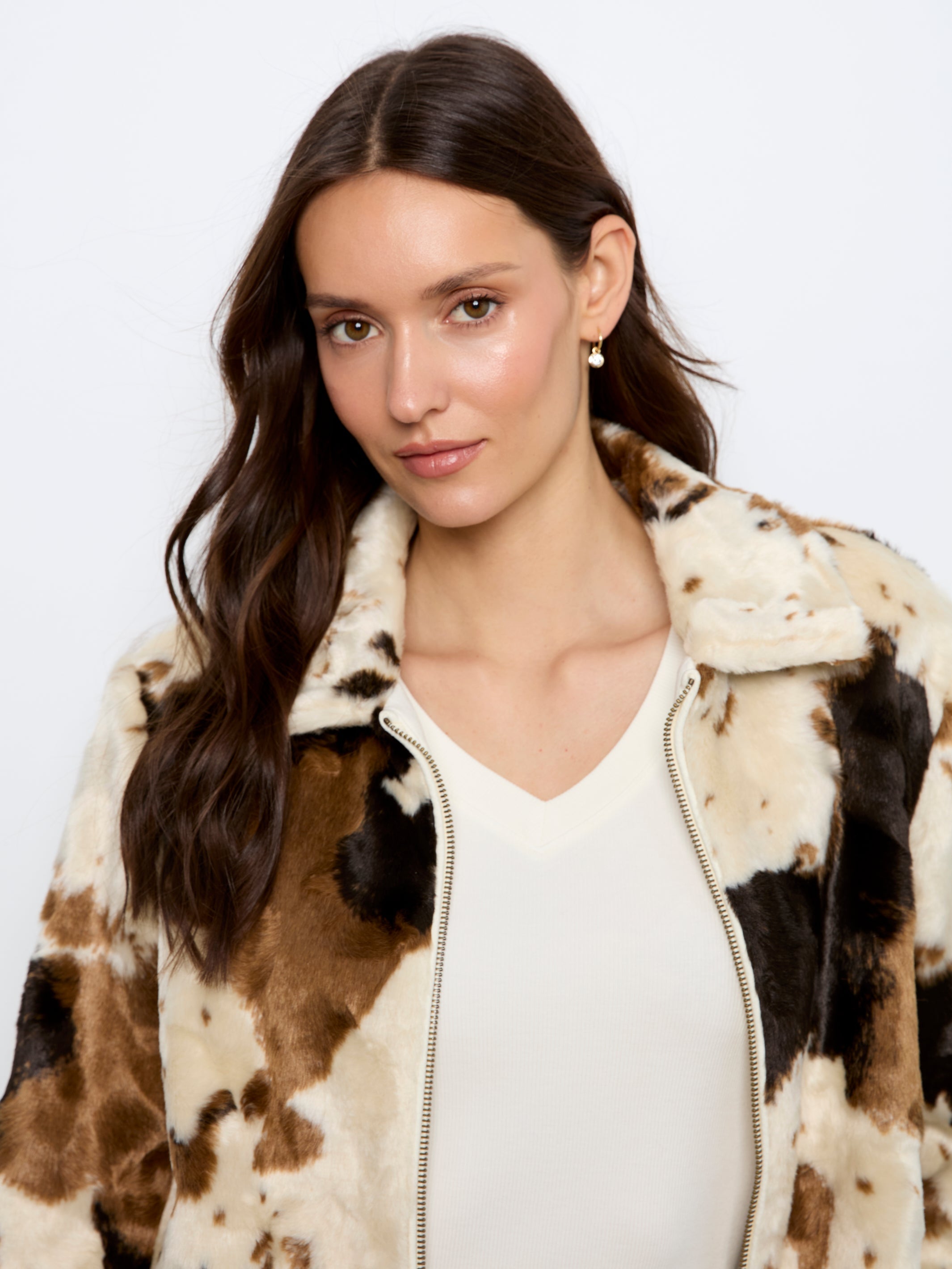 Charlie B Long Sleeve Fur Jacket In Cow Pattern - Style C6441-788C