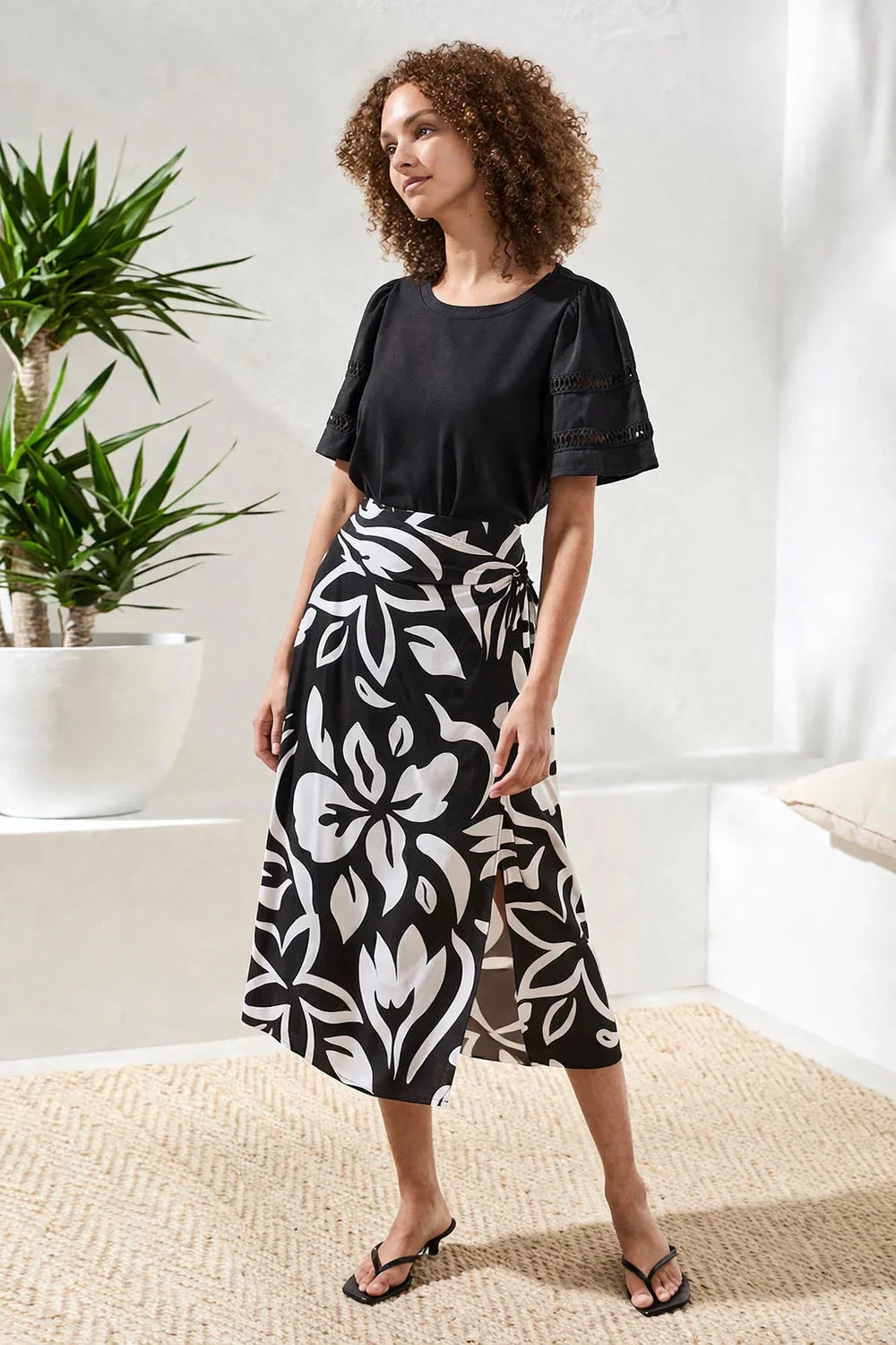 Printed Wrap‑Front Pull‑On Midi Skirt