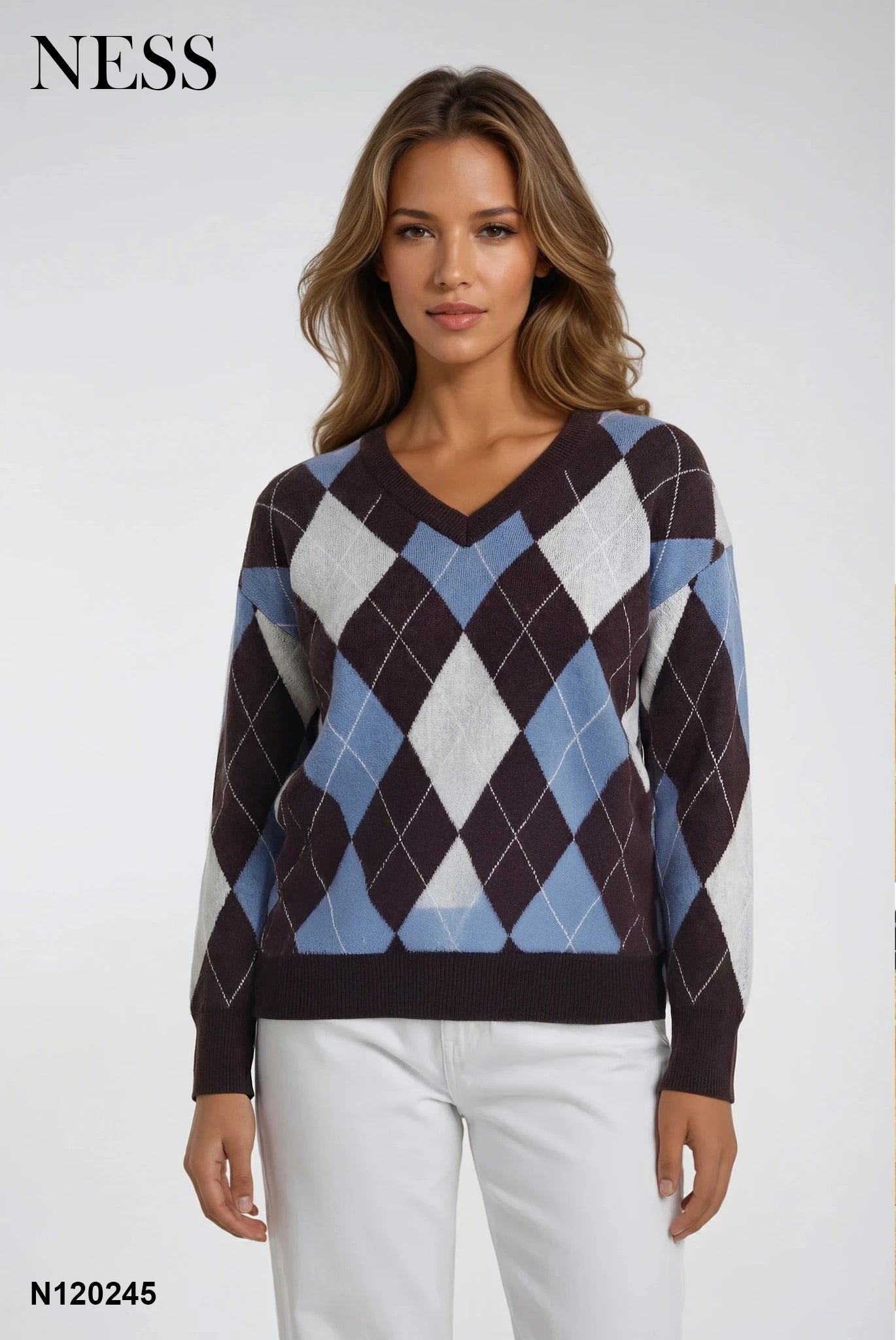 NESS V-Neck Argyle Sweater - Style N120245