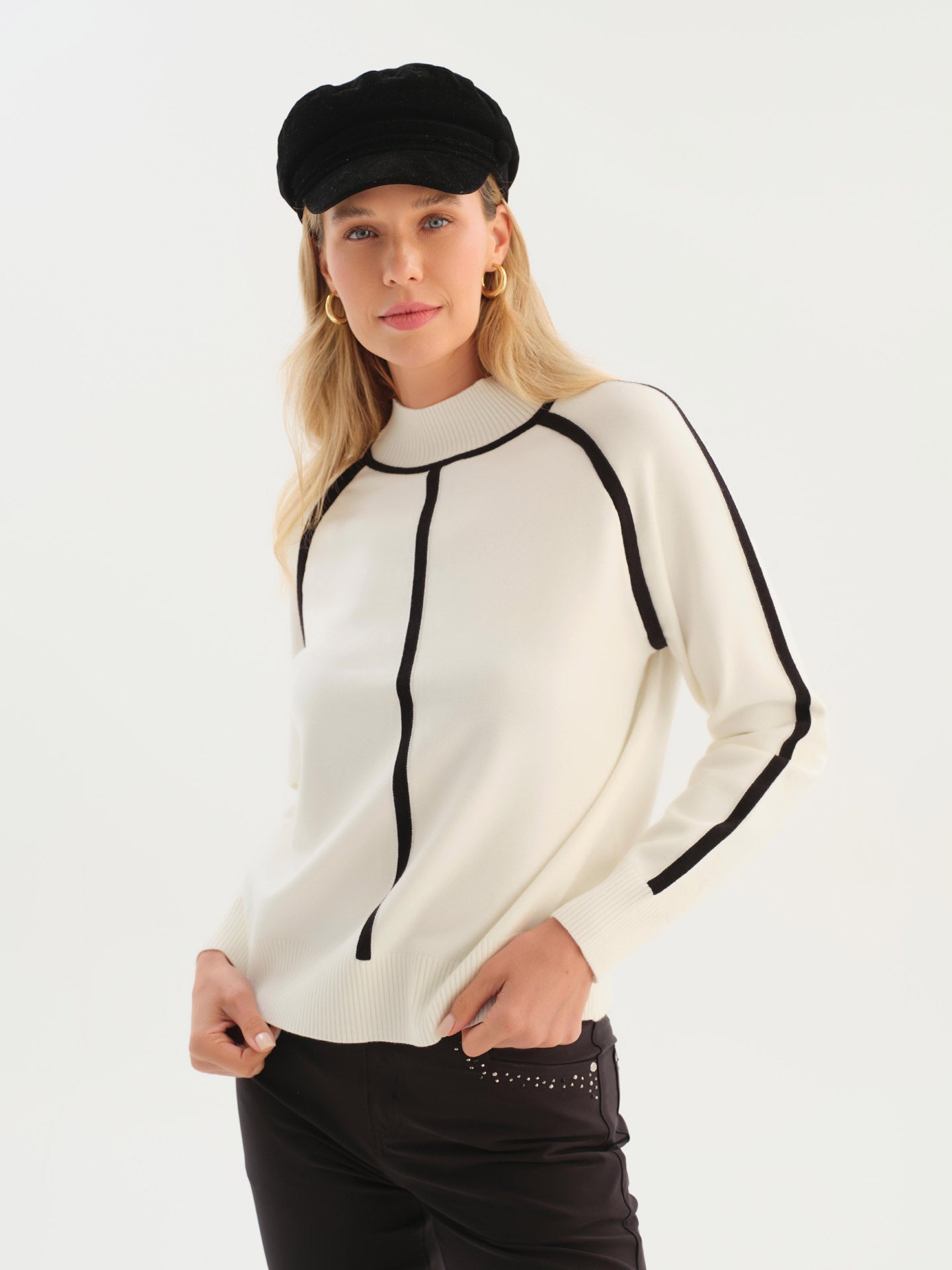 Dolezza Mock Neck Top With Contrast Piping - Style 76301A