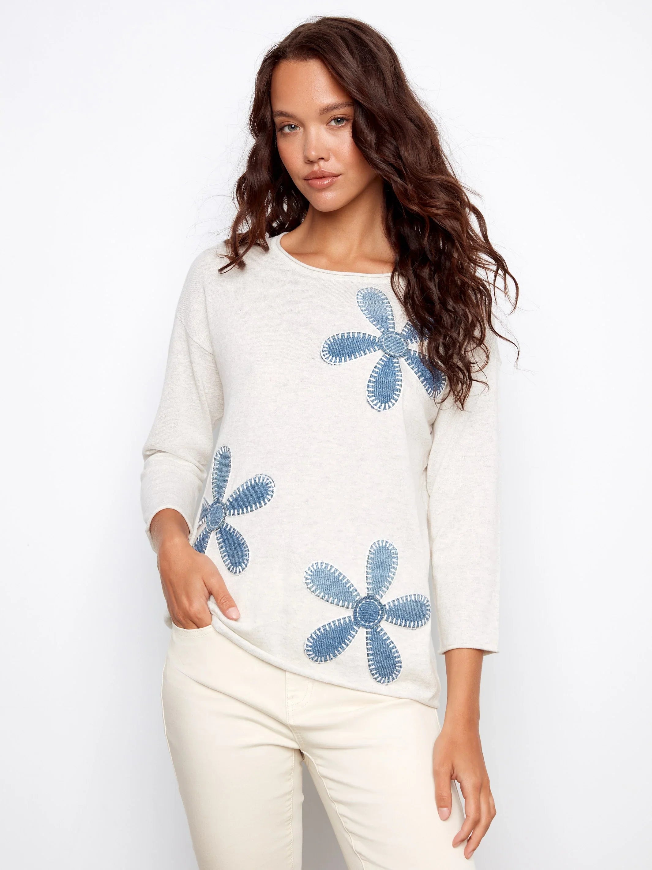 Three-Quarter Sleeve Sweater with Placed Flowers