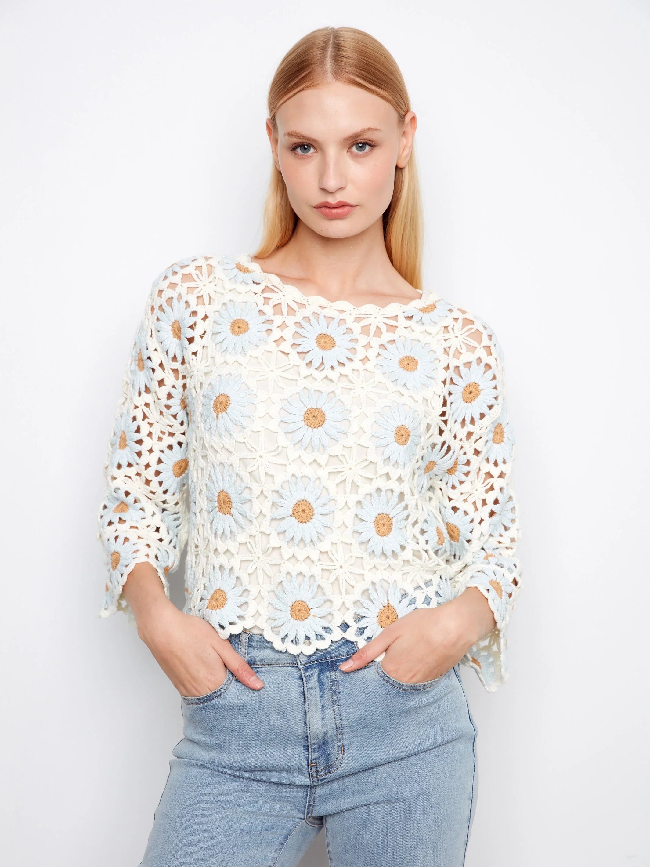 Flower Crochet Three-Quarter Scallop-Hem Sweater