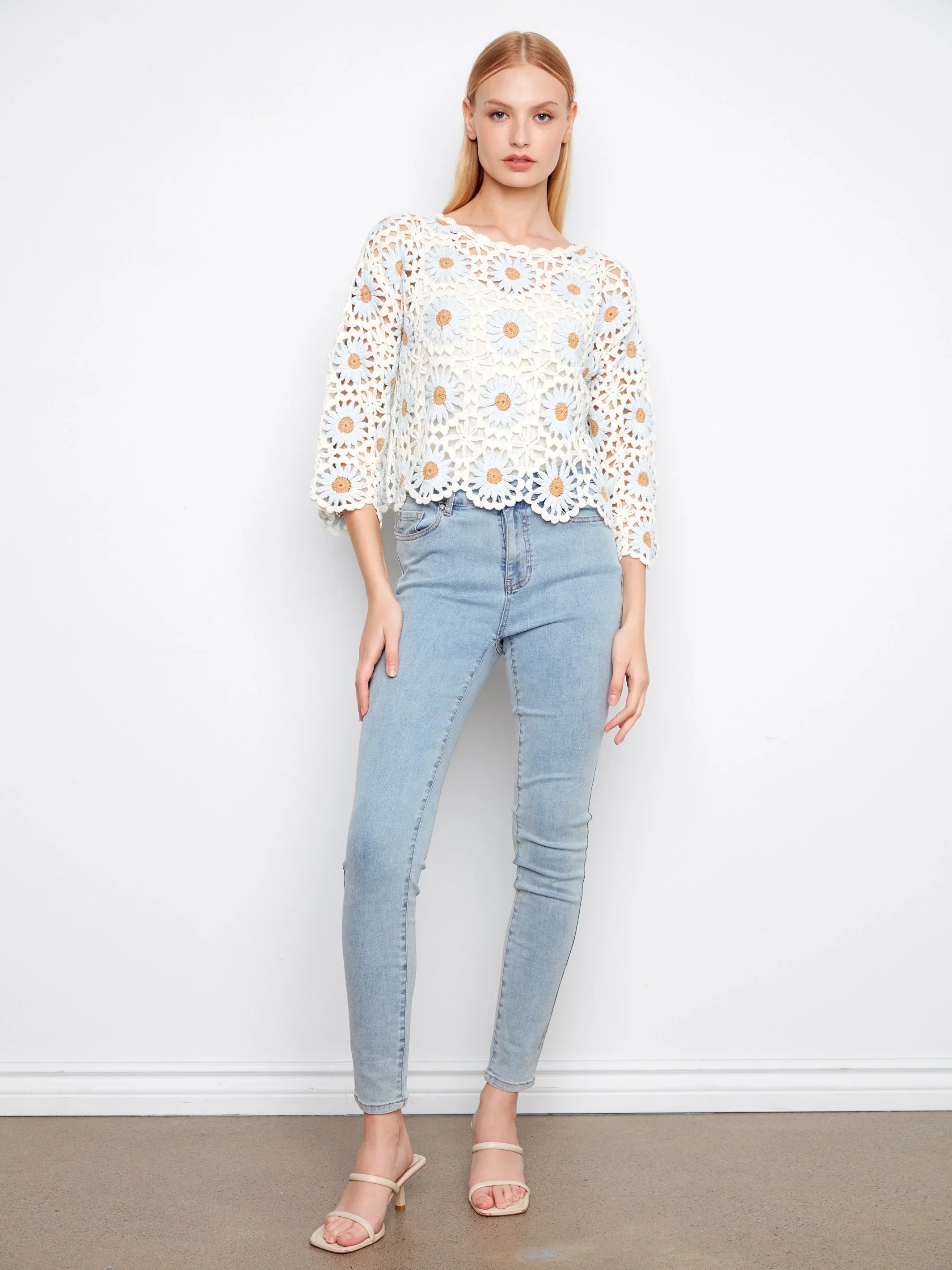 Flower Crochet Three-Quarter Scallop-Hem Sweater