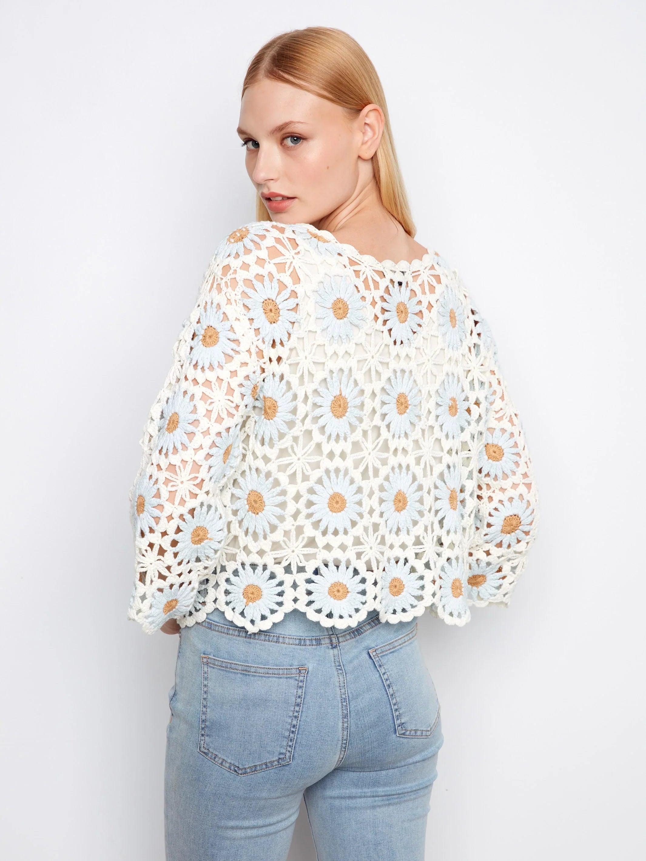 Flower Crochet Three-Quarter Scallop-Hem Sweater