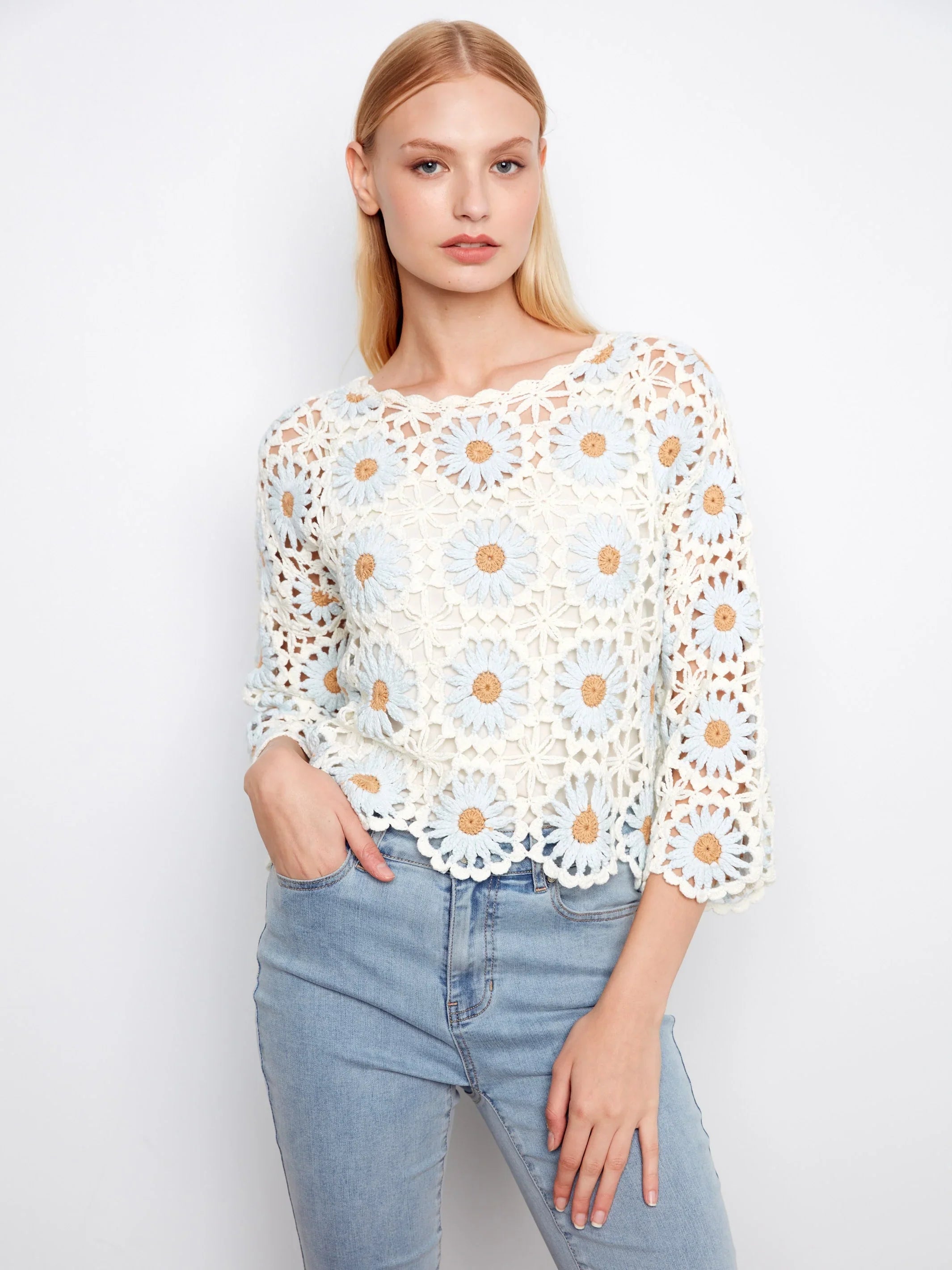 Flower Crochet Three-Quarter Scallop-Hem Sweater