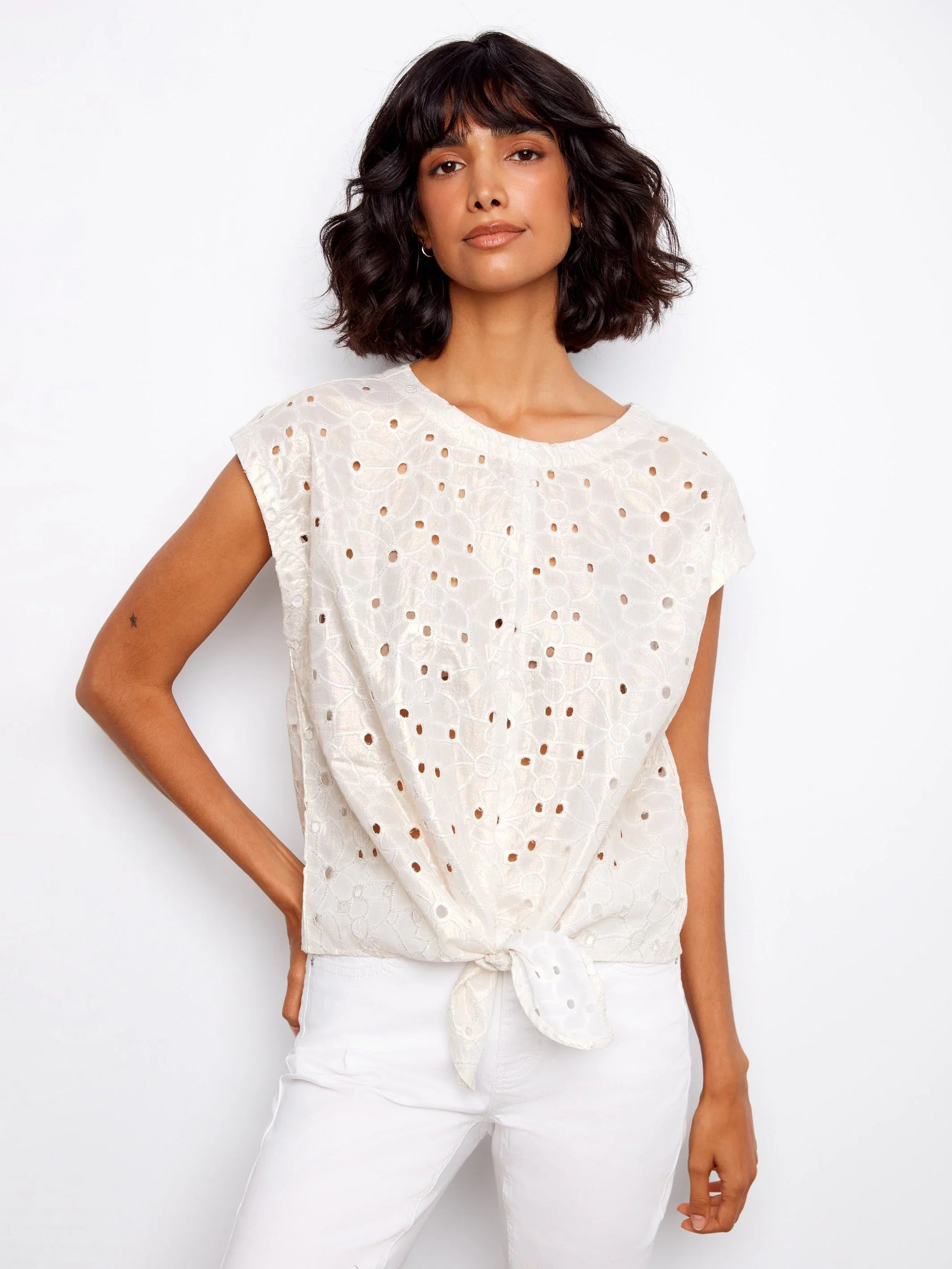 Foil Eyelet Front-Tie Blouse