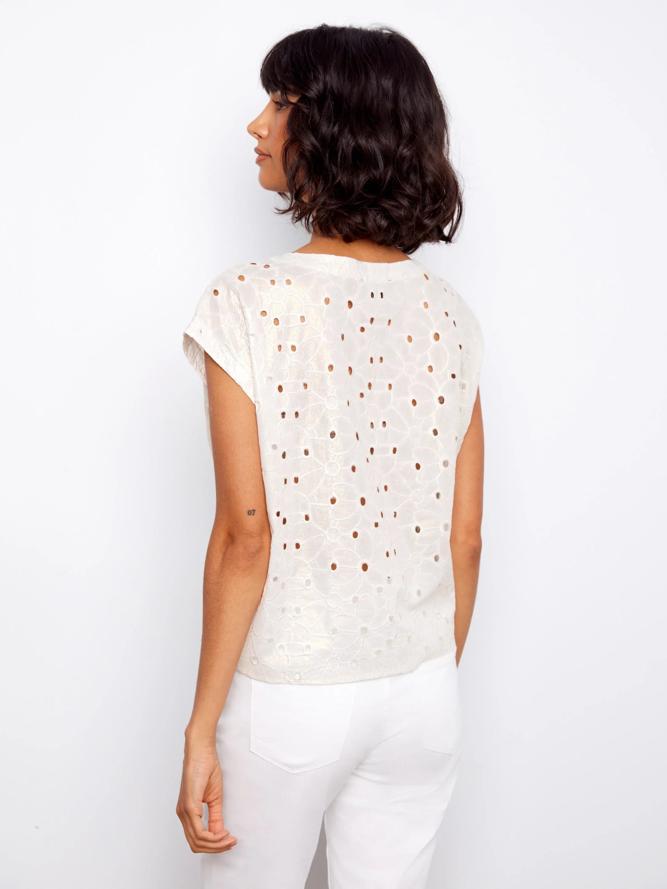 Foil Eyelet Front-Tie Blouse