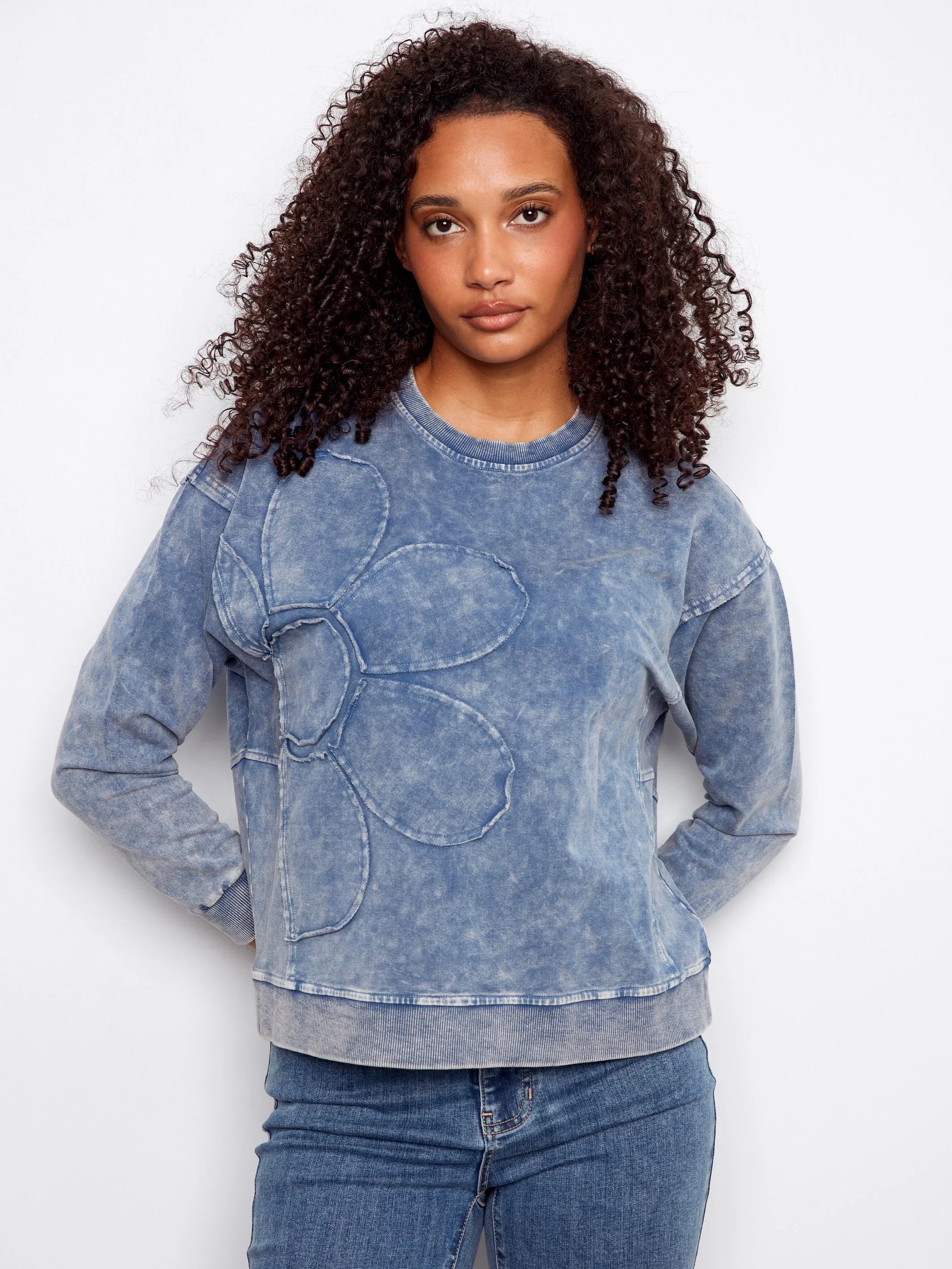 Flower Denim Crew-Neck Long-Sleeve Top