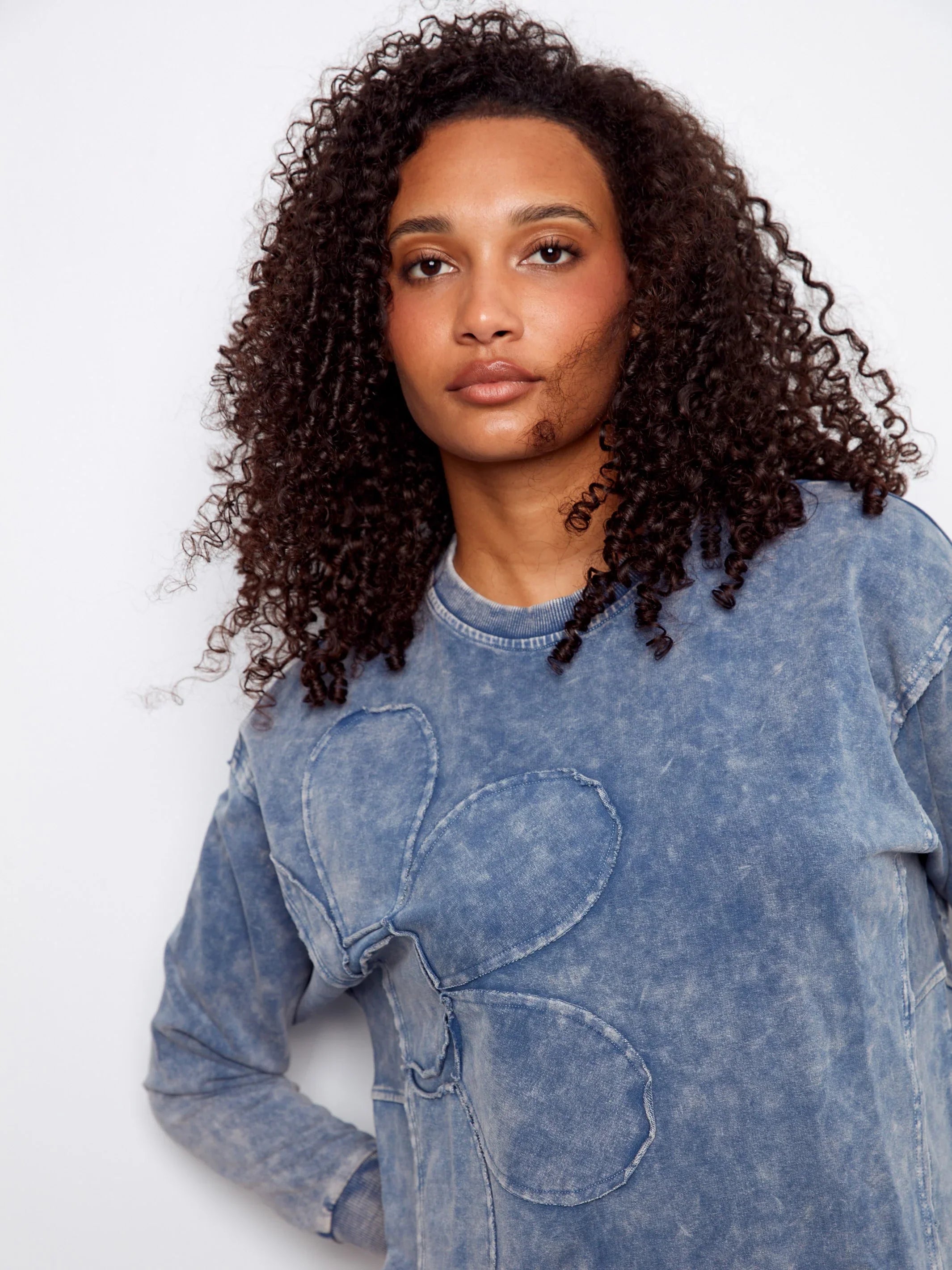 Flower Denim Crew-Neck Long-Sleeve Top