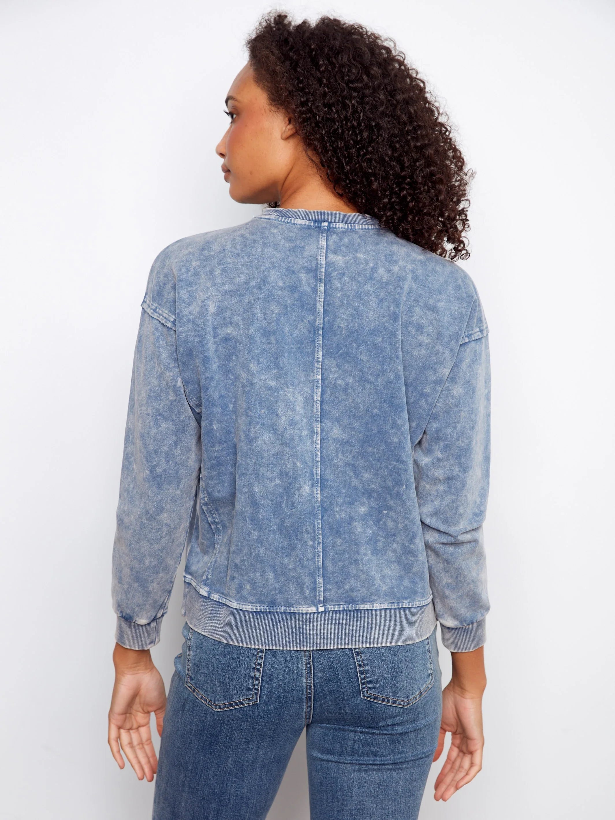 Flower Denim Crew-Neck Long-Sleeve Top