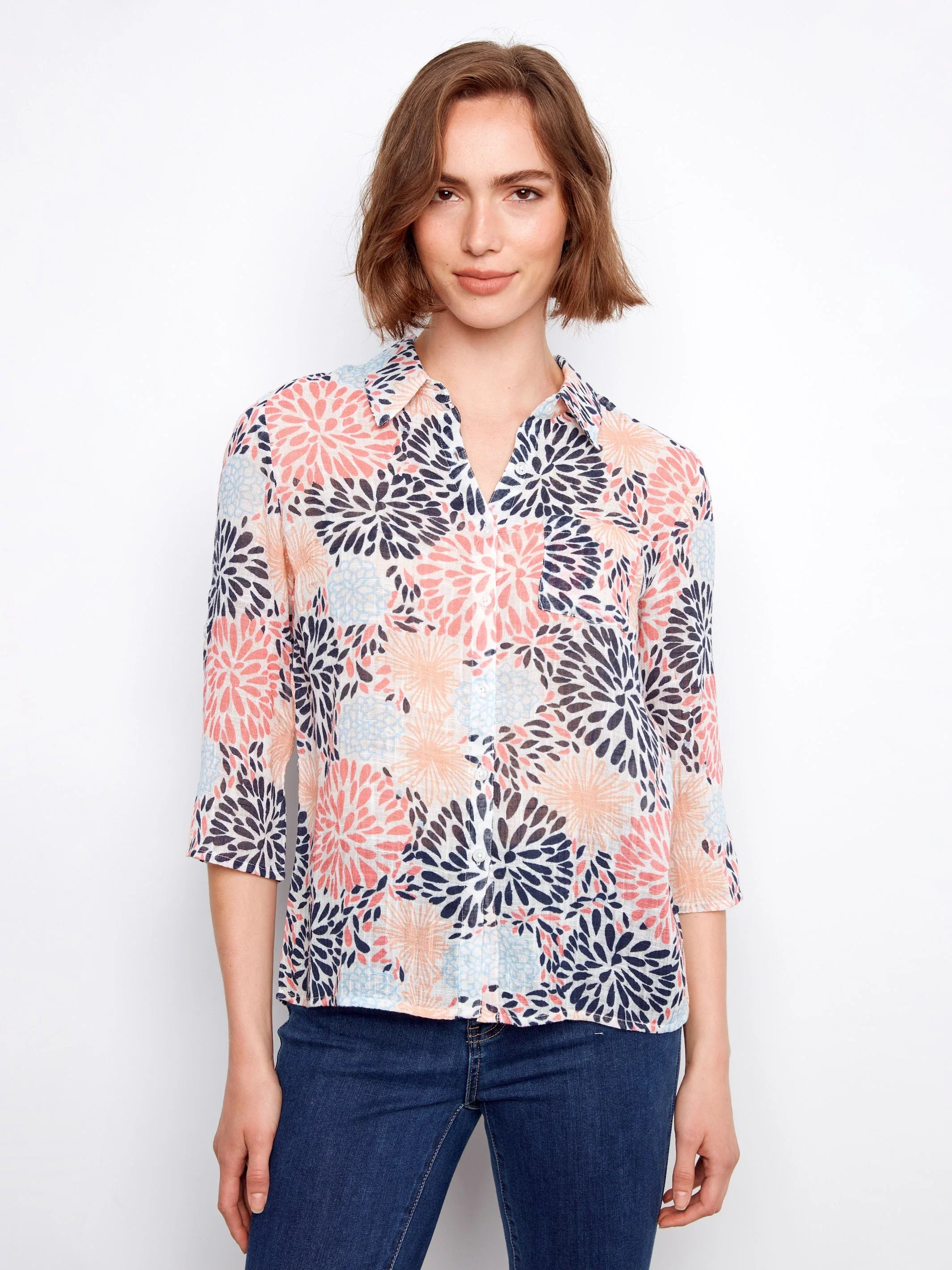 Printed Gauze Button-Up Blouse