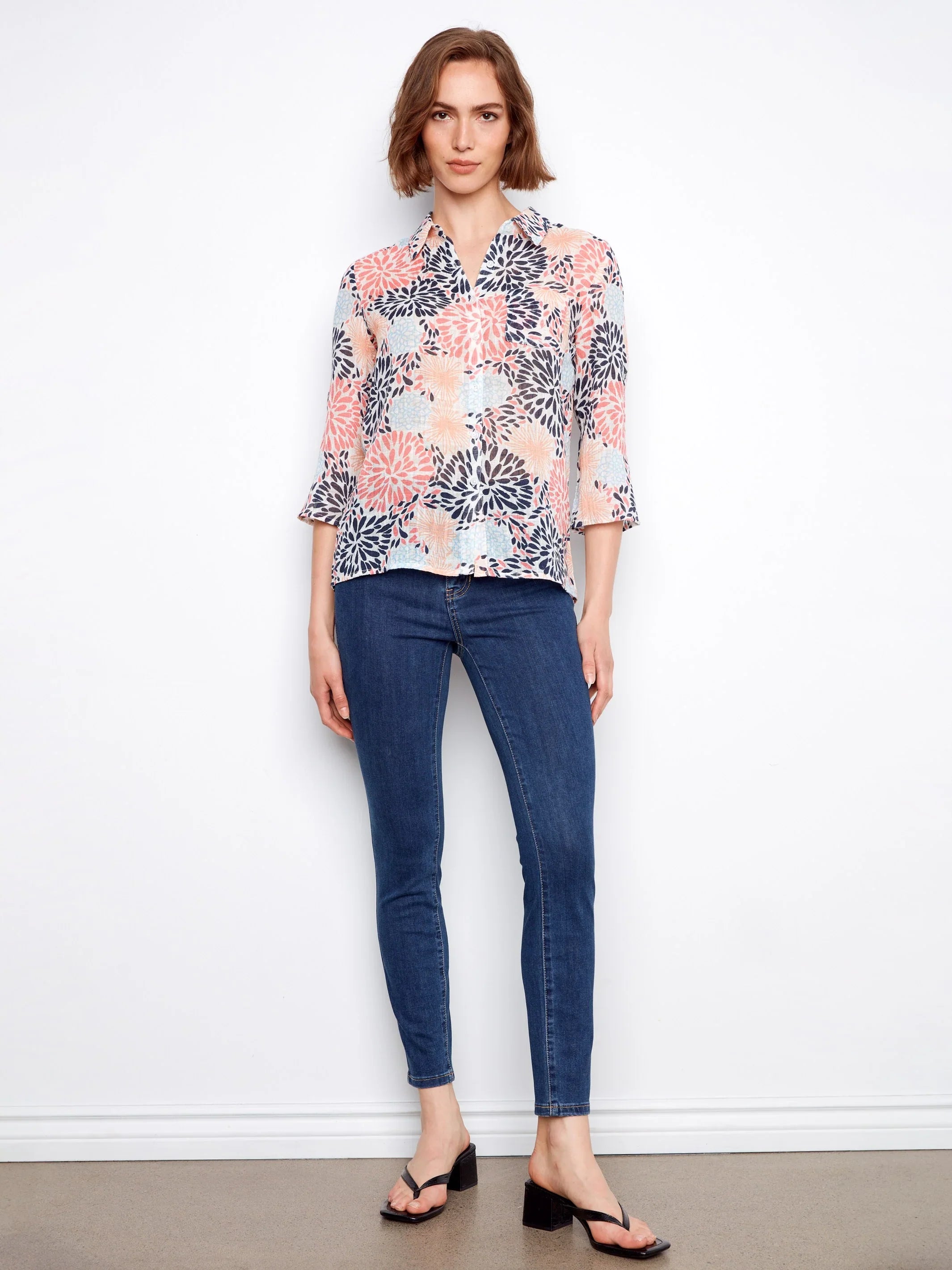 Printed Gauze Button-Up Blouse
