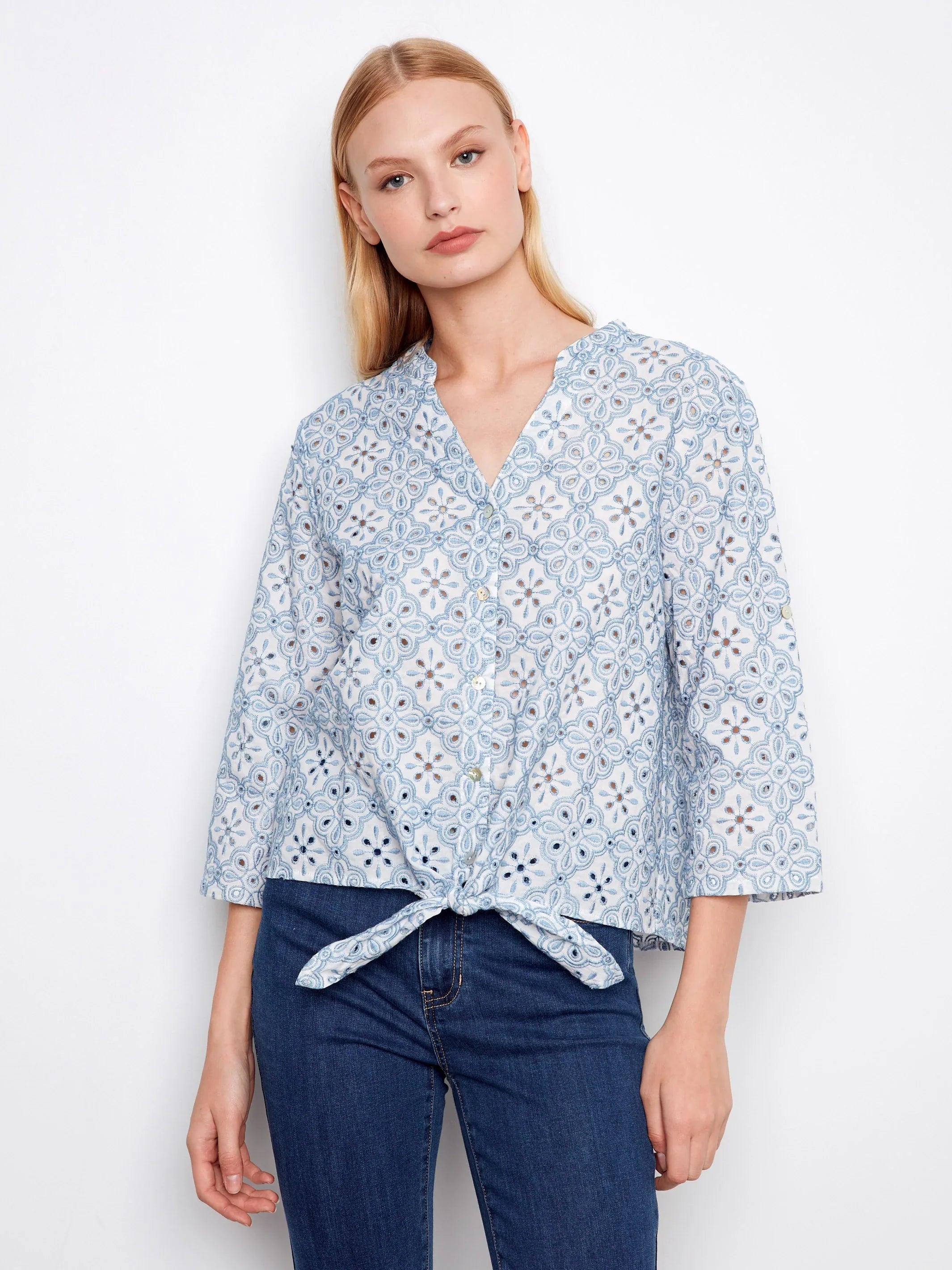 Eyelet Three-Quarter Front-Tie Blouse