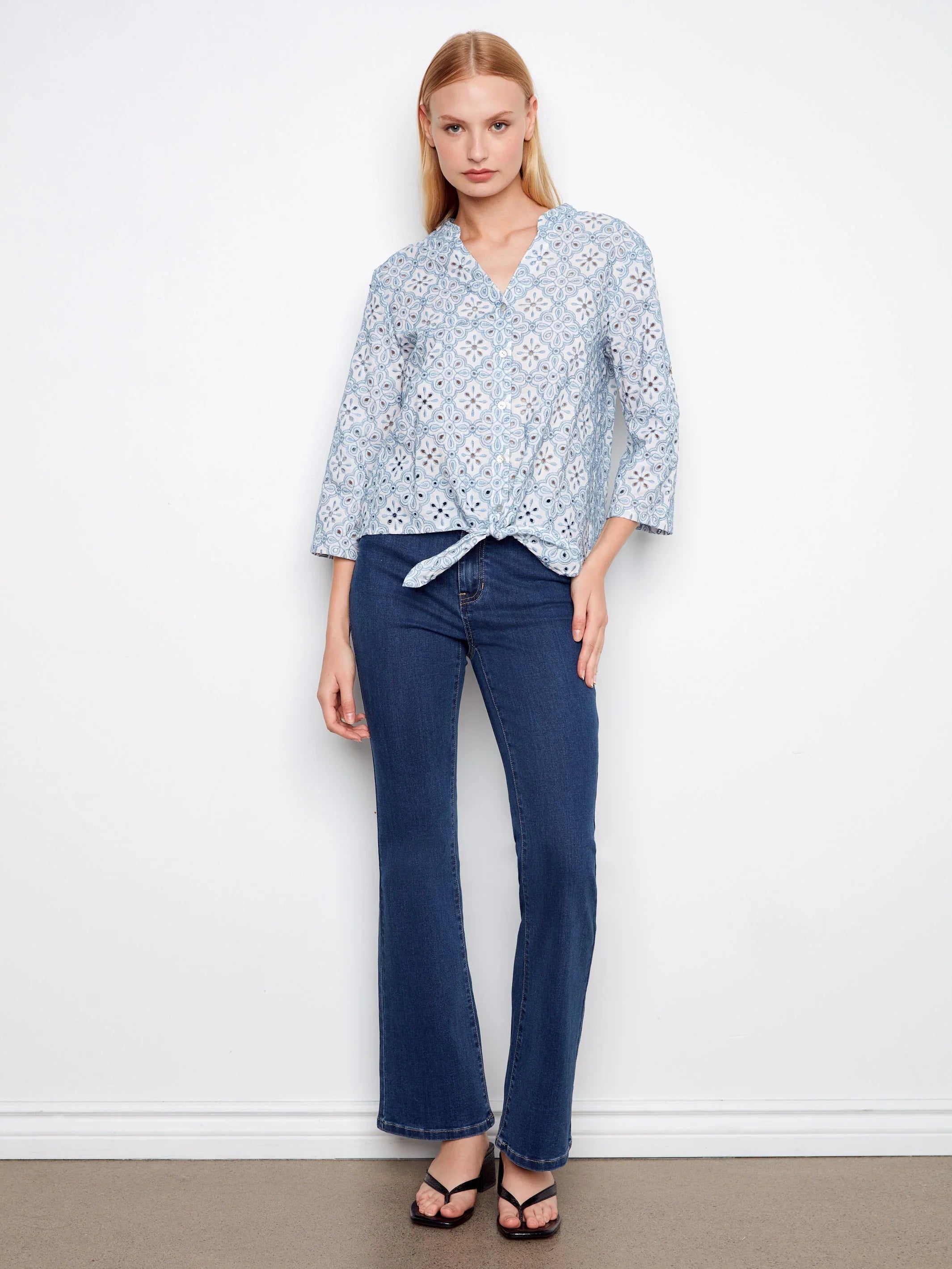 Eyelet Three-Quarter Front-Tie Blouse