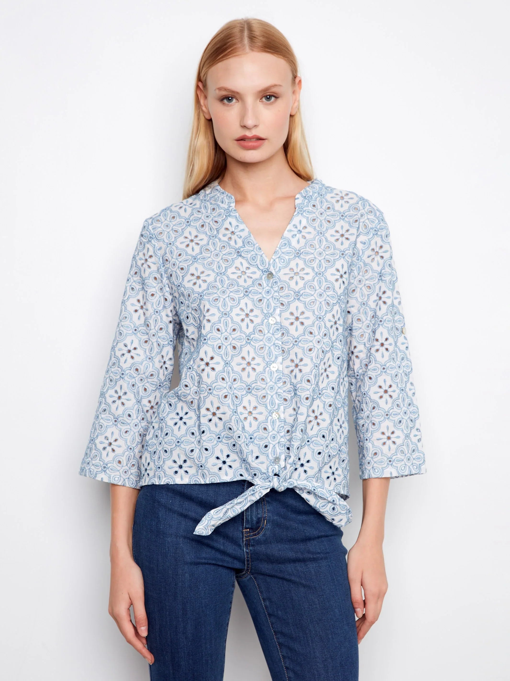 Eyelet Three-Quarter Front-Tie Blouse