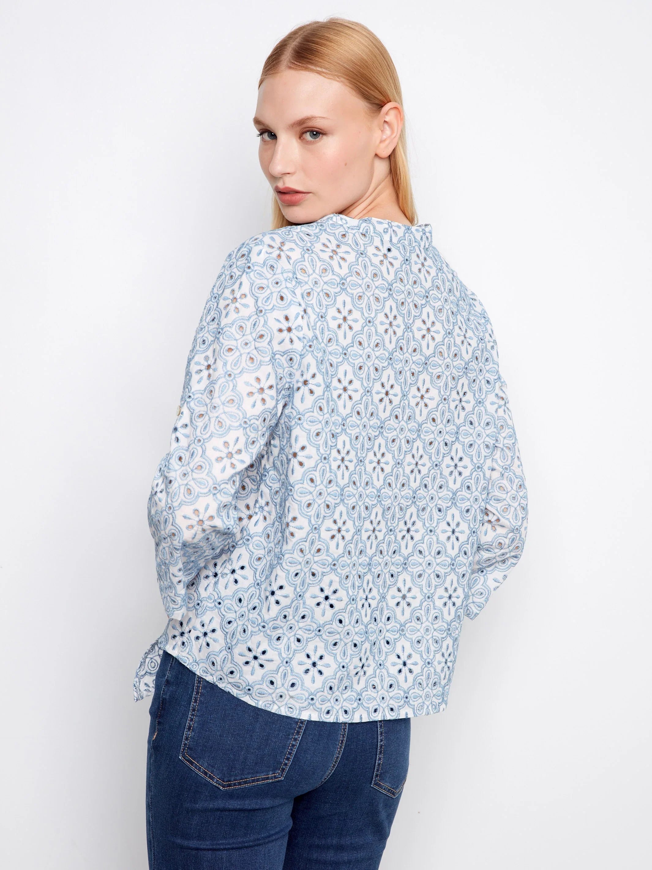 Eyelet Three-Quarter Front-Tie Blouse