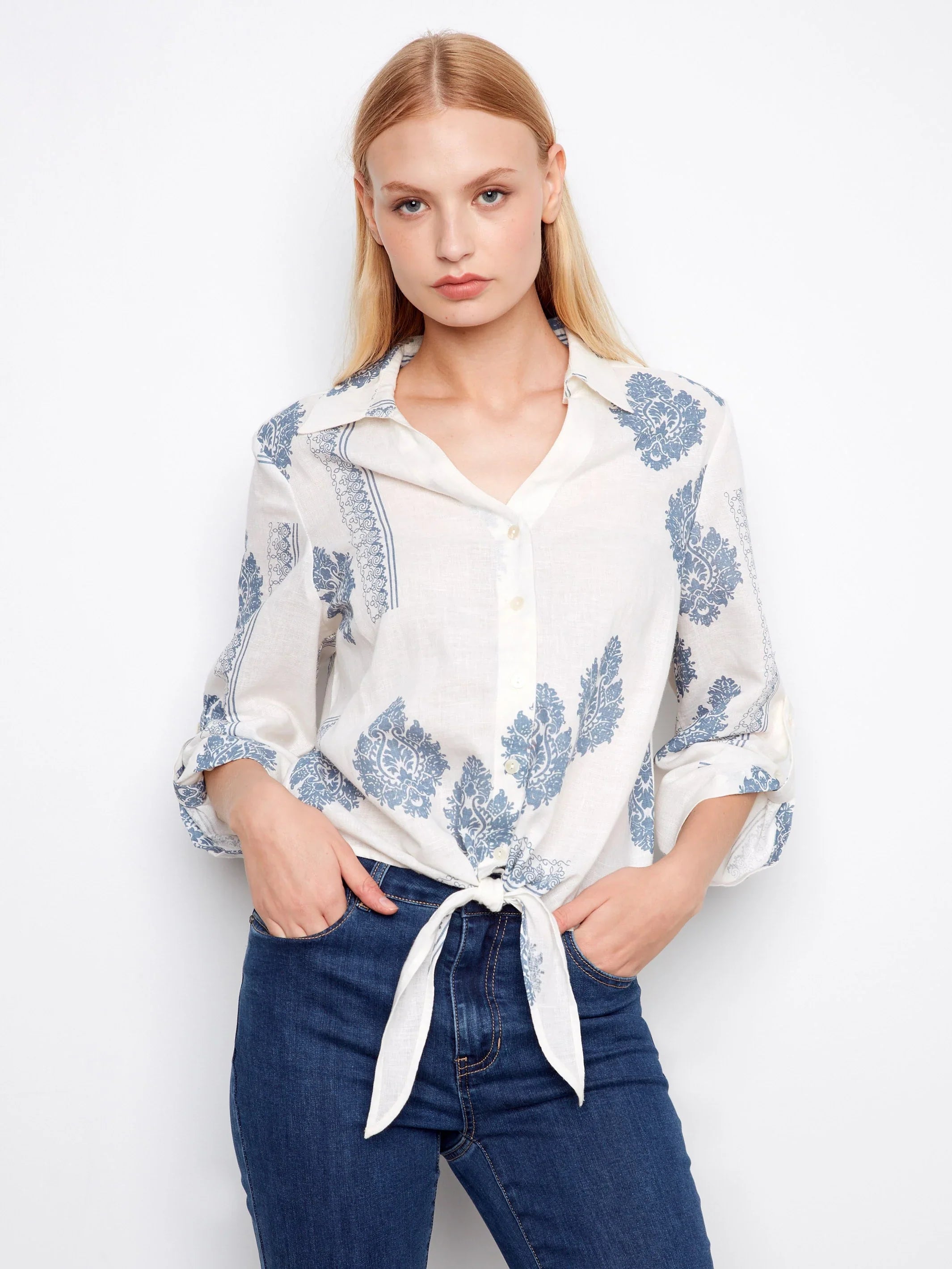 Printed Linen Button-Up Front-Tie Blouse