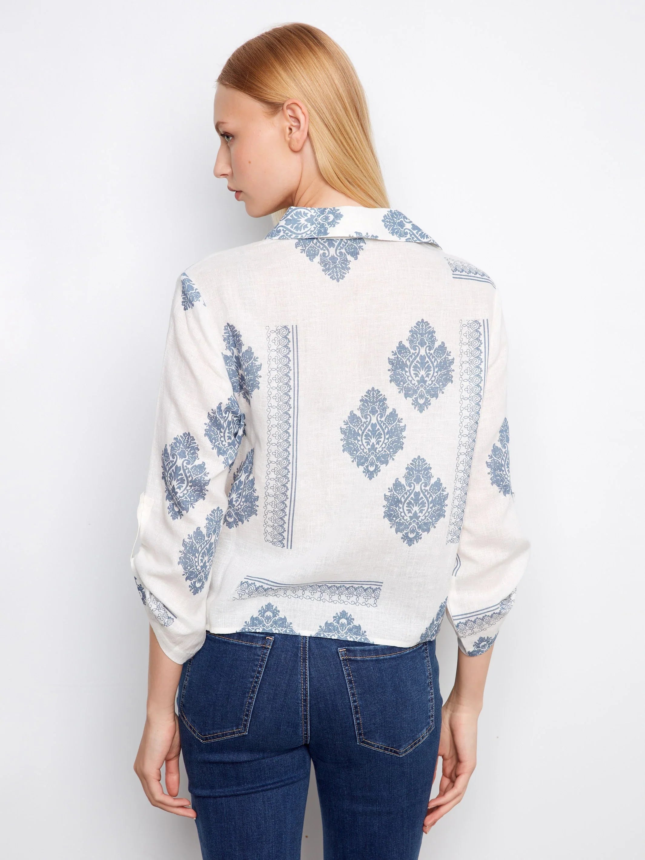 Printed Linen Button-Up Front-Tie Blouse