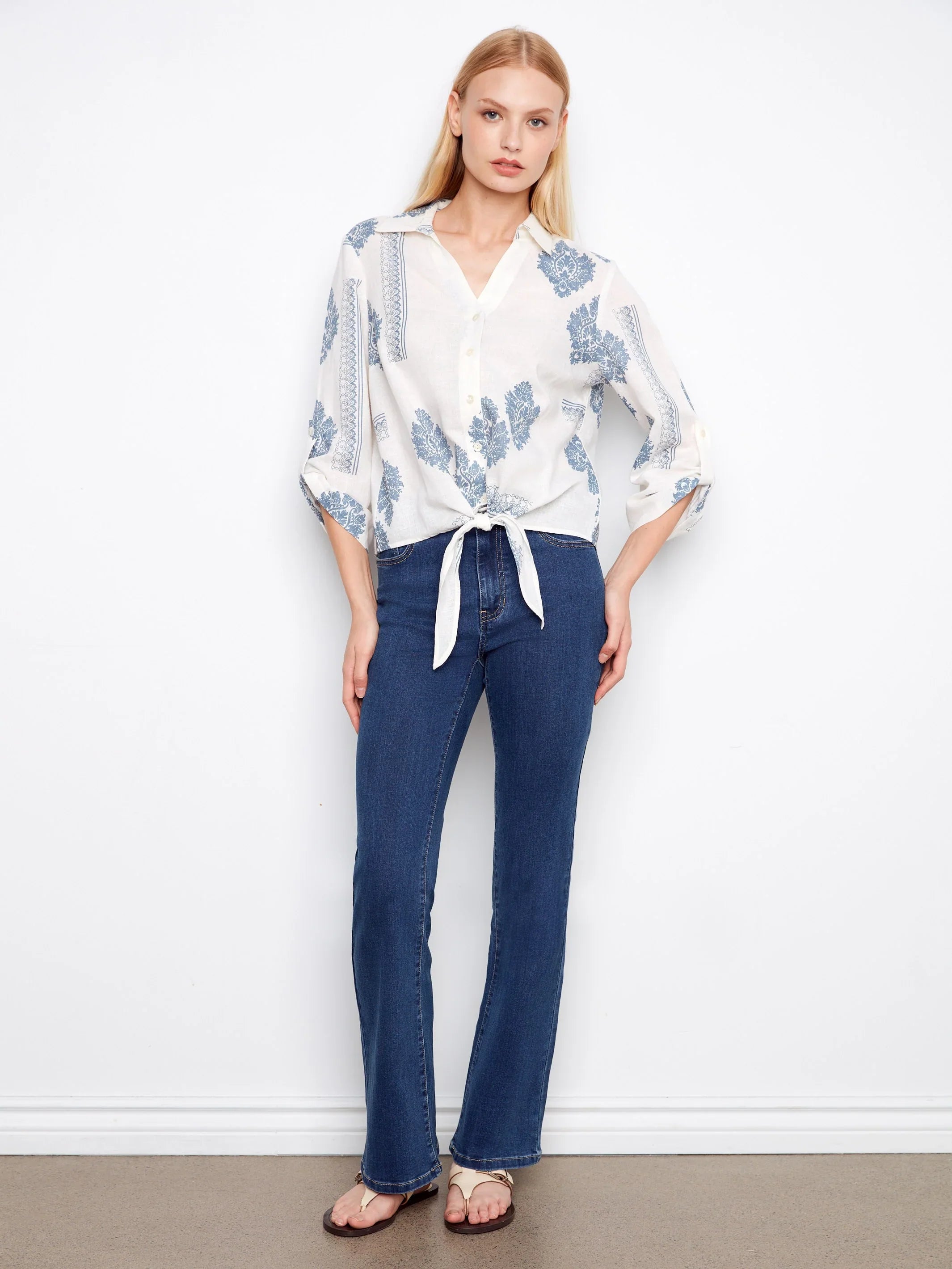 Printed Linen Button-Up Front-Tie Blouse