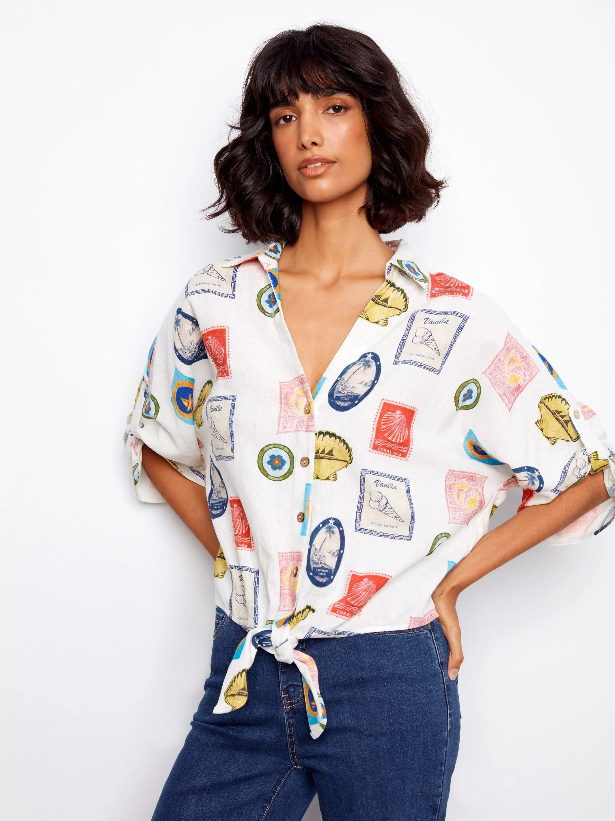 Printed Button-Front Front-Tie Ruched Blouse