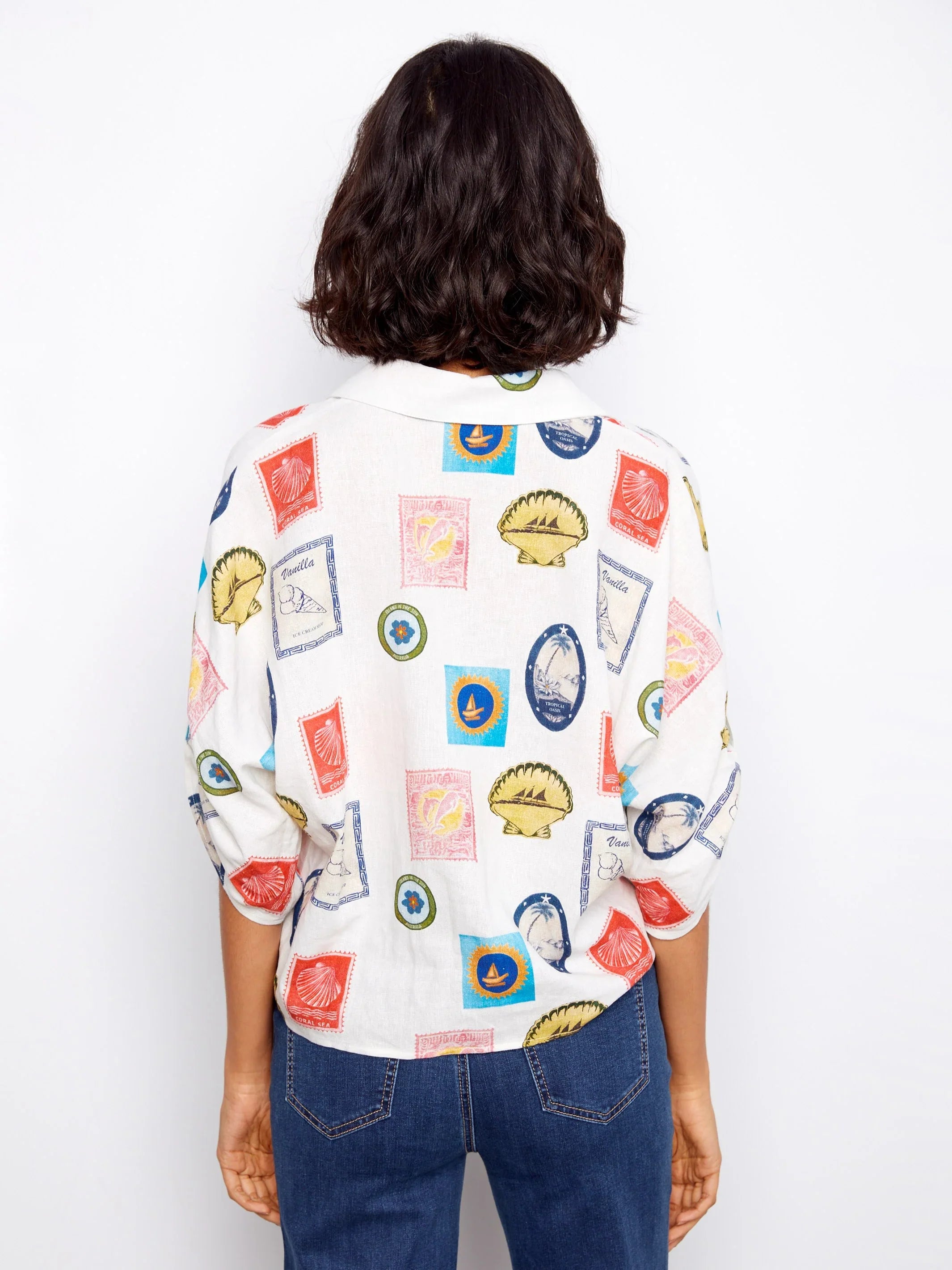 Printed Button-Front Front-Tie Ruched Blouse