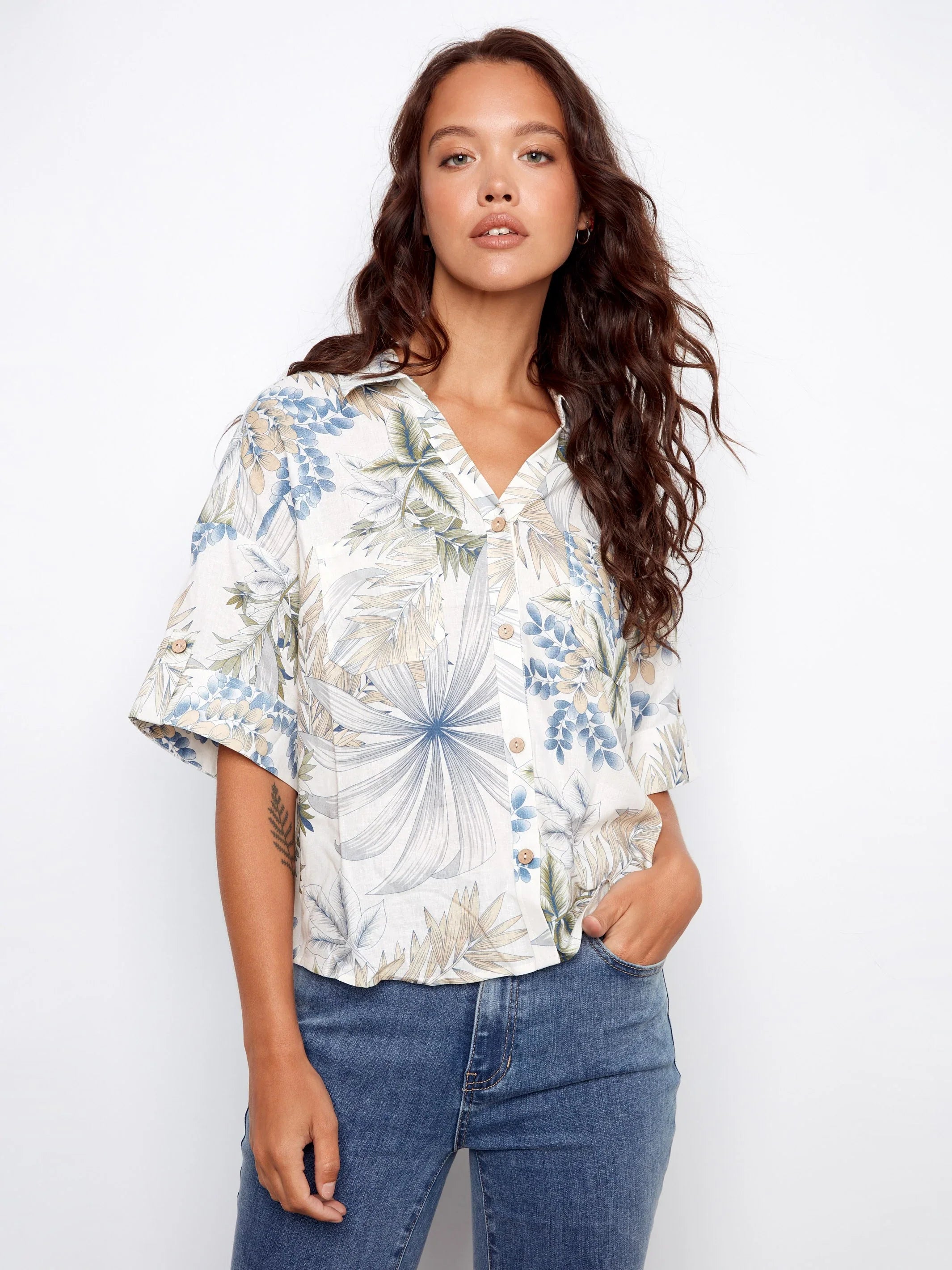 Printed Linen Short-Sleeve Button-Front Blouse