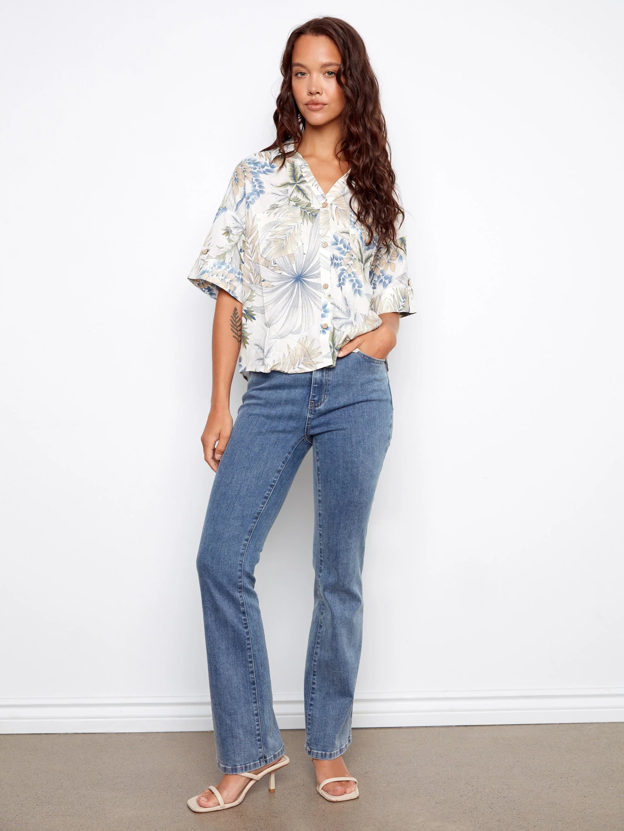 Printed Linen Short-Sleeve Button-Front Blouse