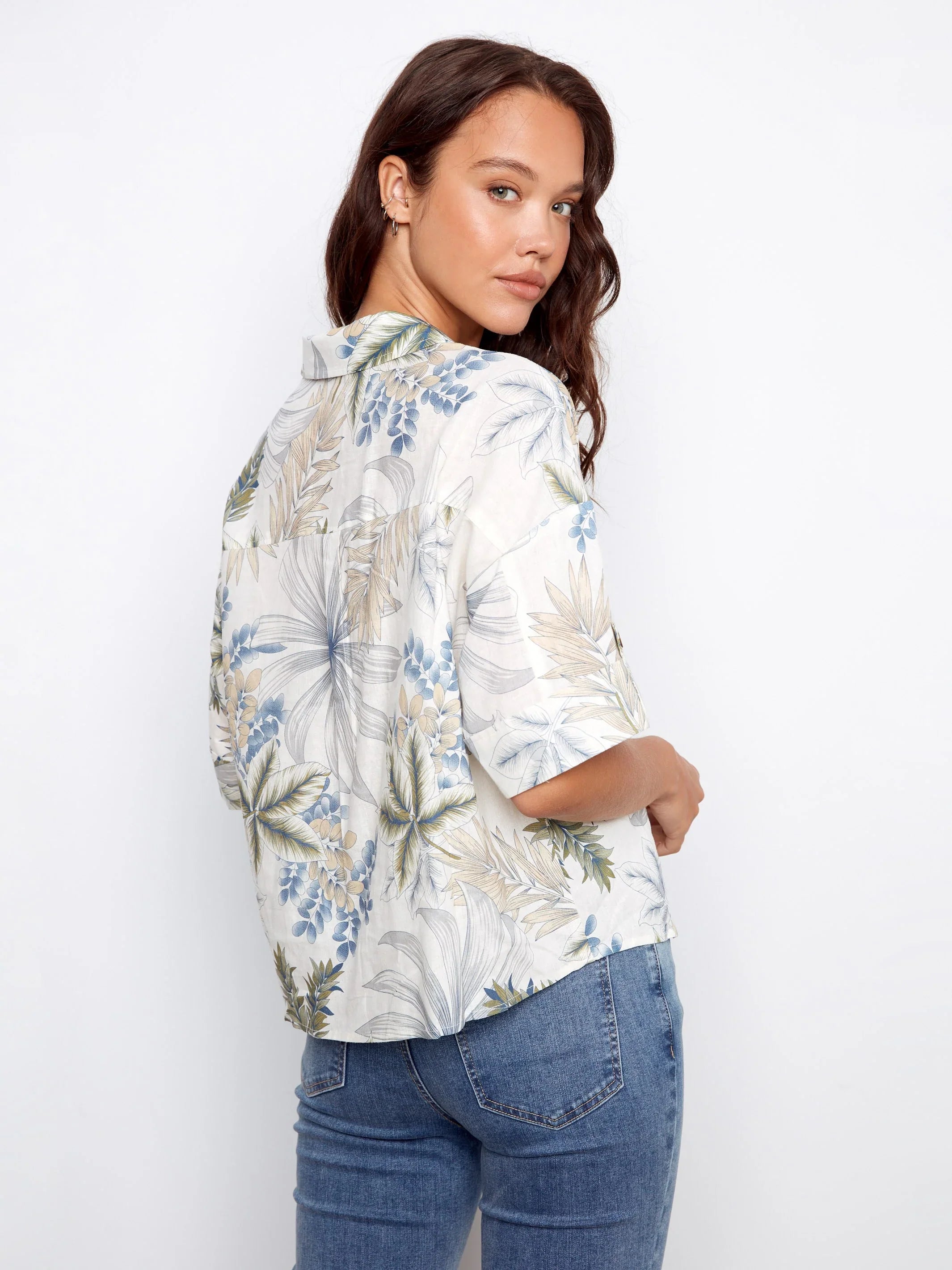Printed Linen Short-Sleeve Button-Front Blouse