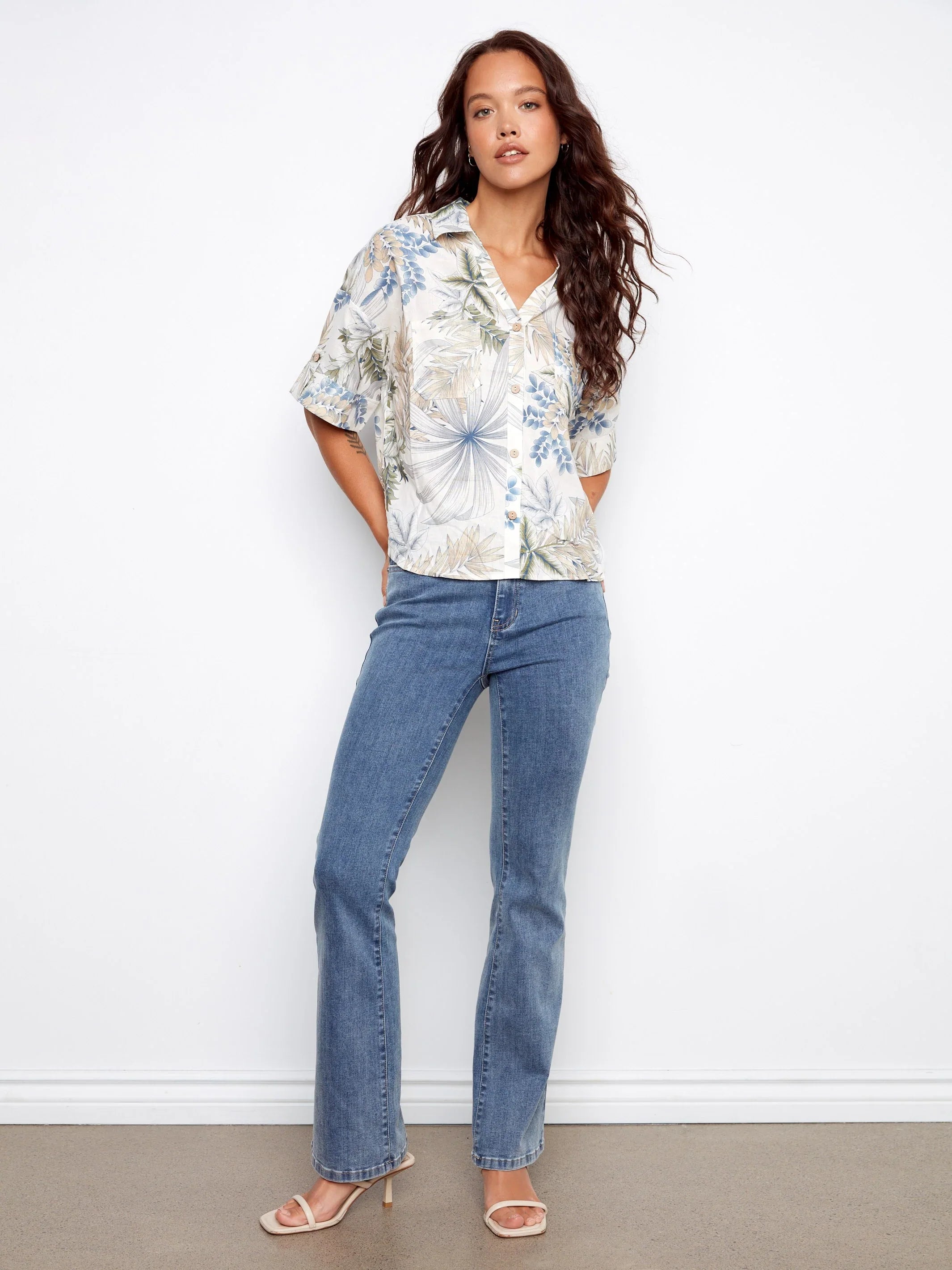 Printed Linen Short-Sleeve Button-Front Blouse