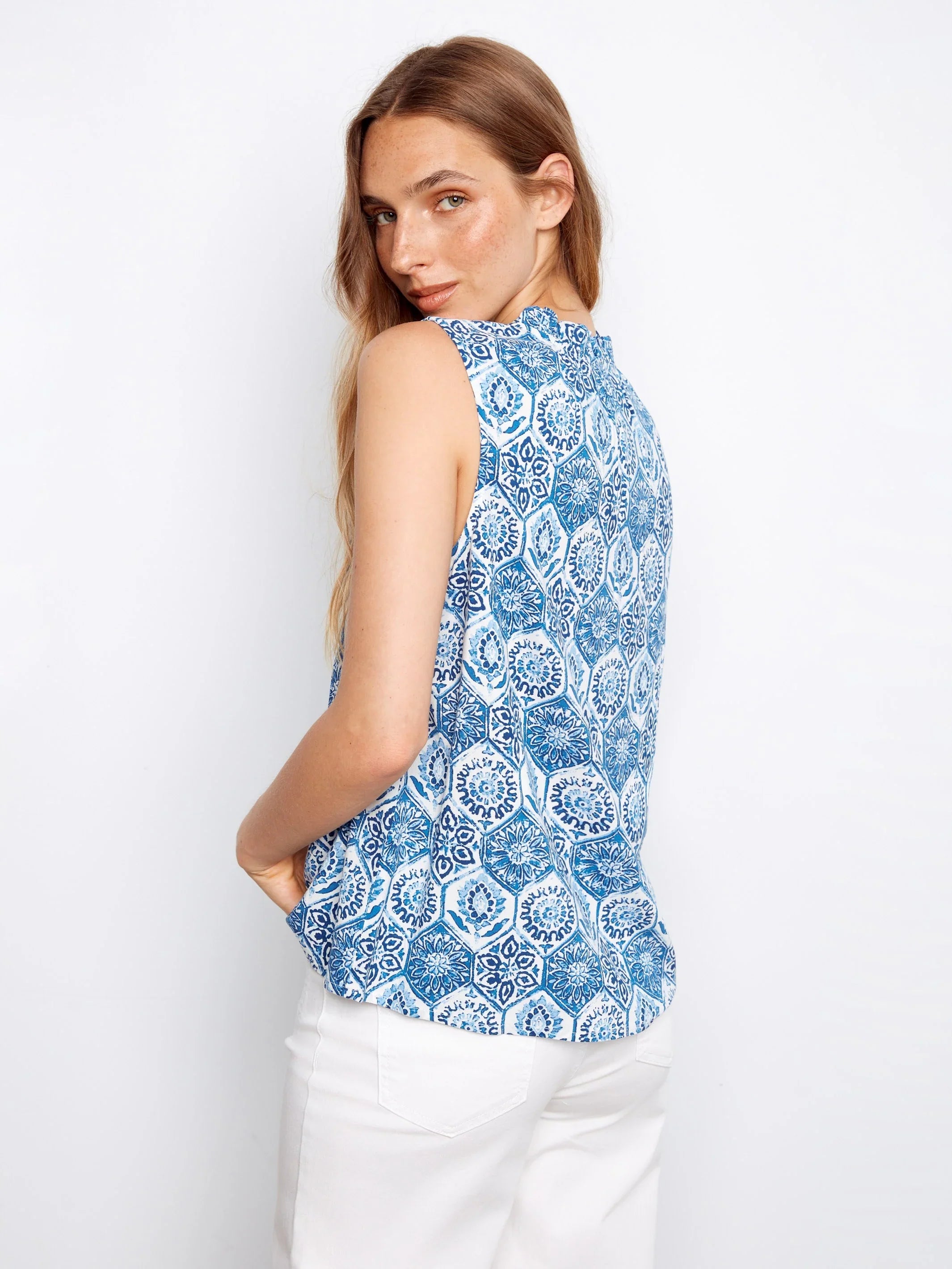 Printed Sleeveless Ruffle Neck Top