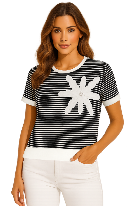 Striped Short Sleeve Top With Flower