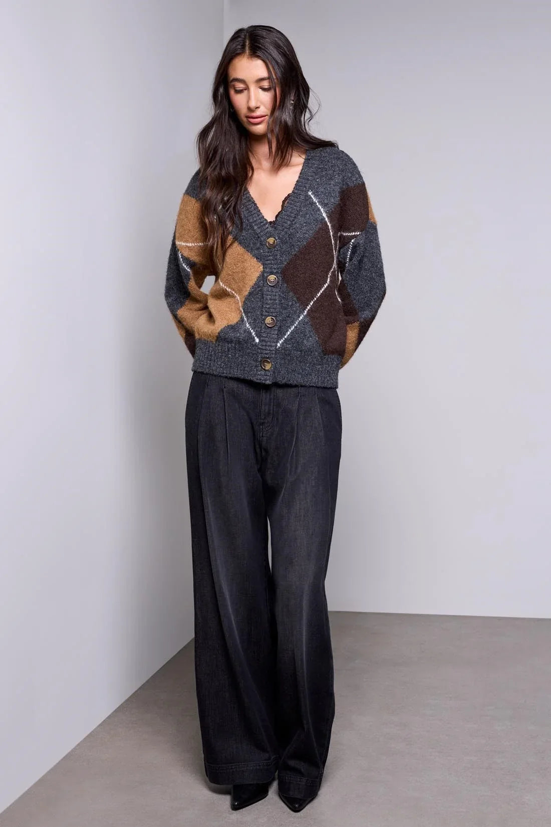 Charlie B Diamond Pattern Button Front Knit Cardigan - Style 62630-5630