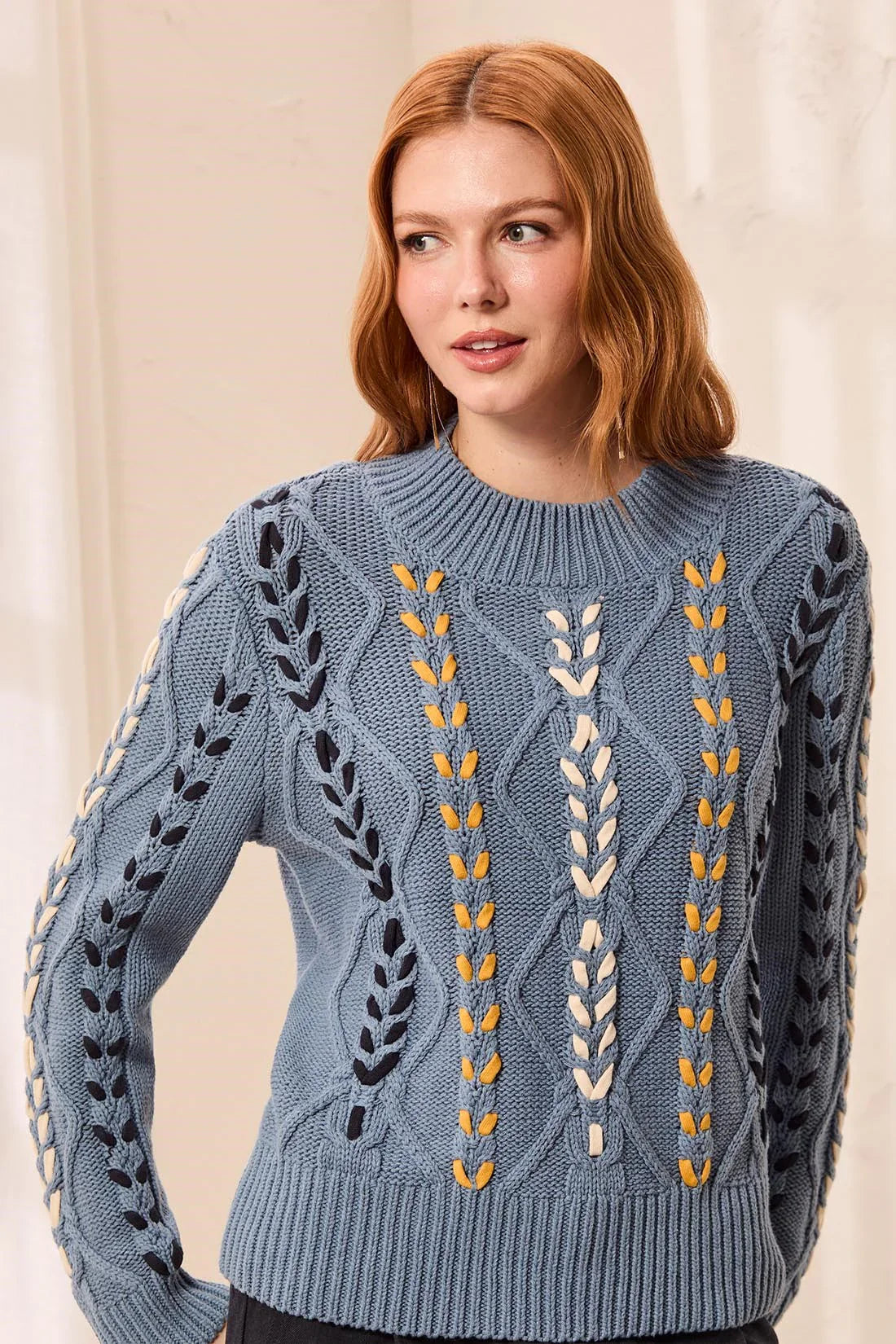 Tribal Contrast Lace-Up Cable Knit Crew Neck Sweater - Style 31290-3954