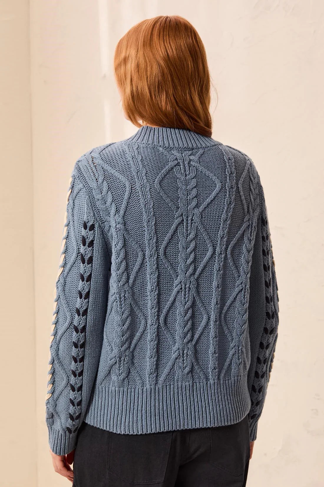Tribal Contrast Lace-Up Cable Knit Crew Neck Sweater - Style 31290-3954