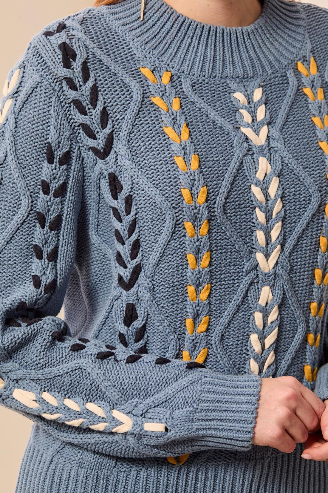 Tribal Contrast Lace-Up Cable Knit Crew Neck Sweater - Style 31290-3954