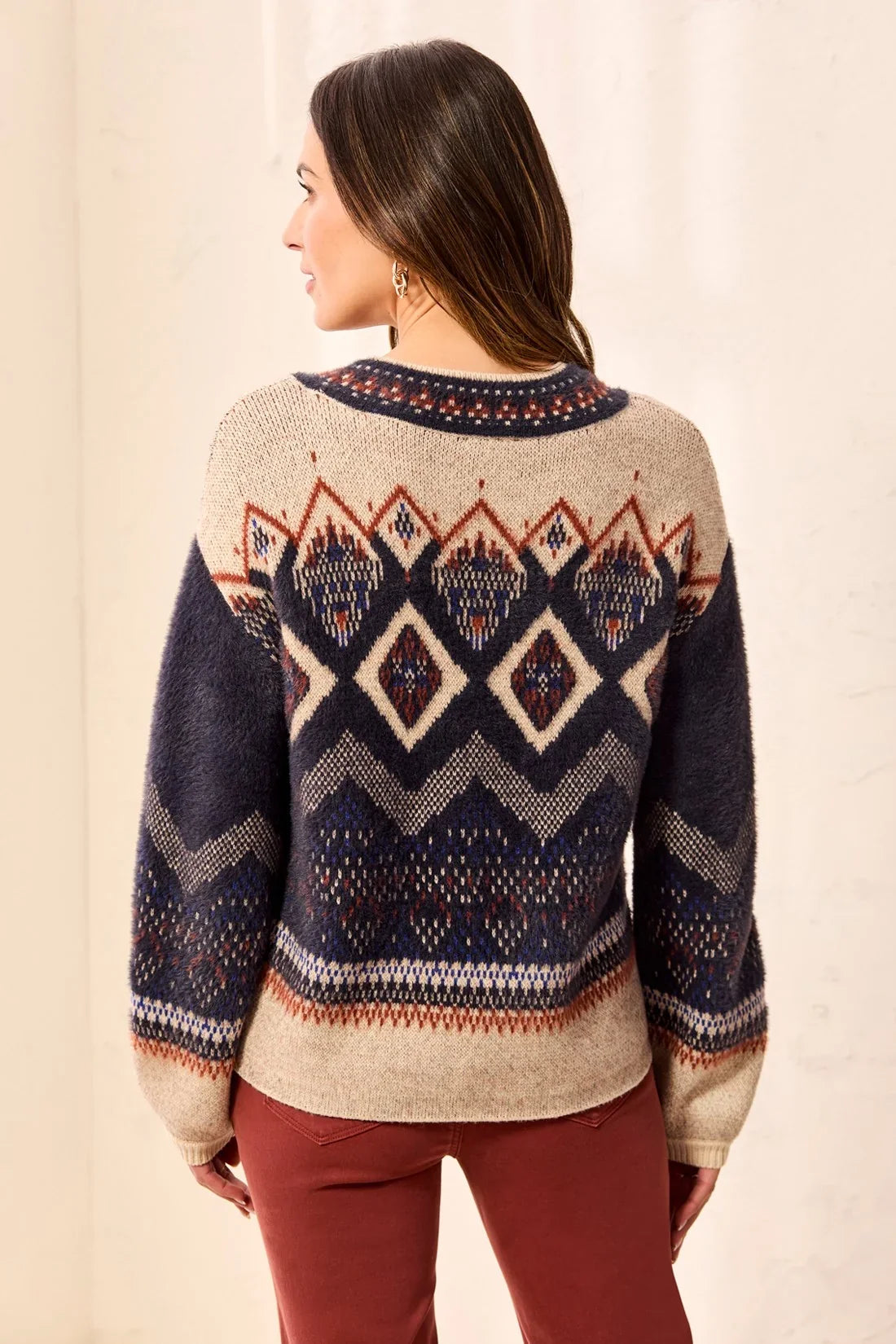 Tribal Fair Isle Mock Neck Eyelash Knit Sweater - Style 31310-8341