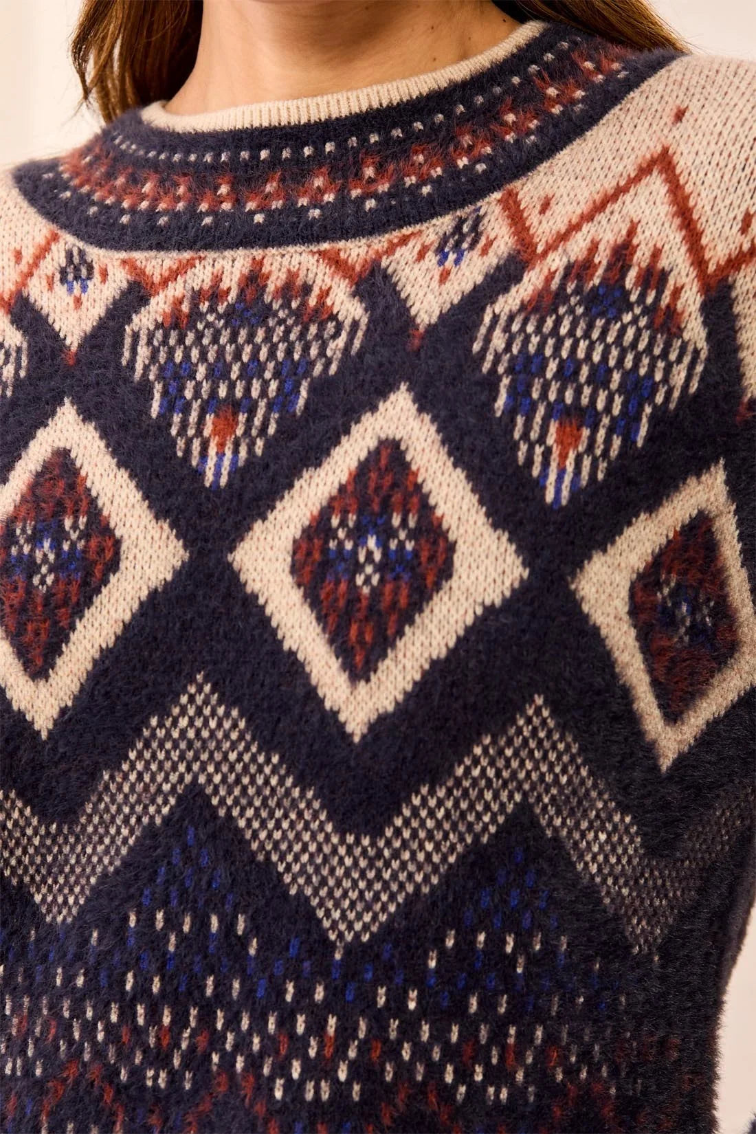 Tribal Fair Isle Mock Neck Eyelash Knit Sweater - Style 31310-8341