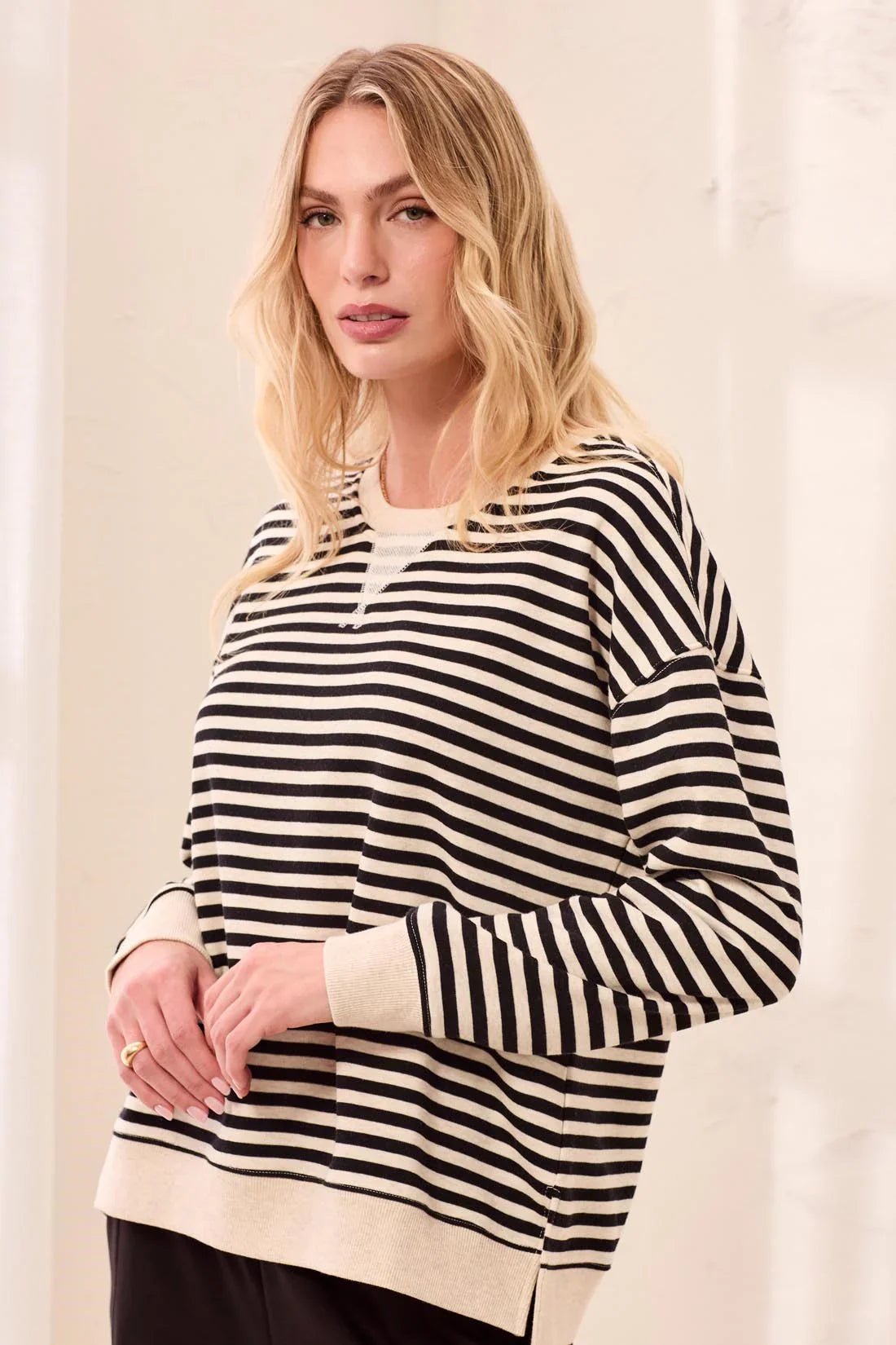Tribal Long Sleeve Crew Neck Drop Shoulder Knit Top - Style 24870-8509