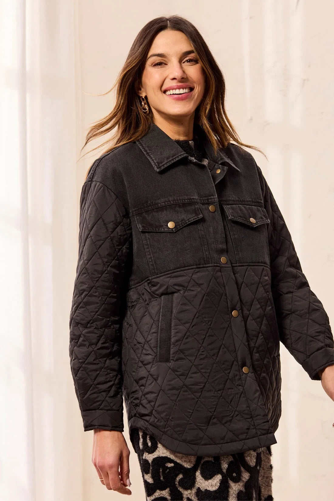 Tribal Mixed Media Denim And Quilted Jacket With Snap Front - Style 6285O-5795