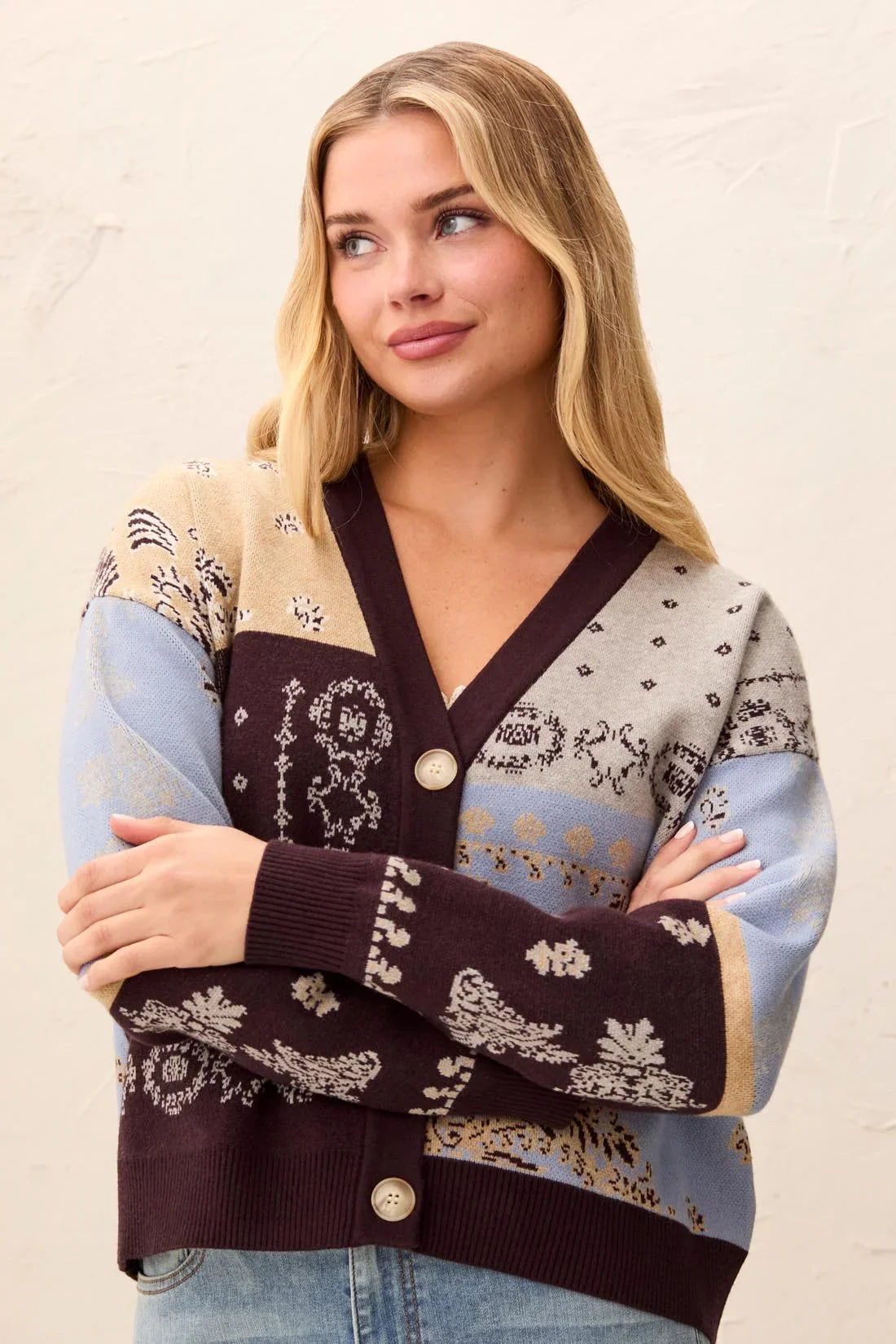 Tribal Novelty Jacquard V-Neck Sweater Cardigan - Style 63220-8277